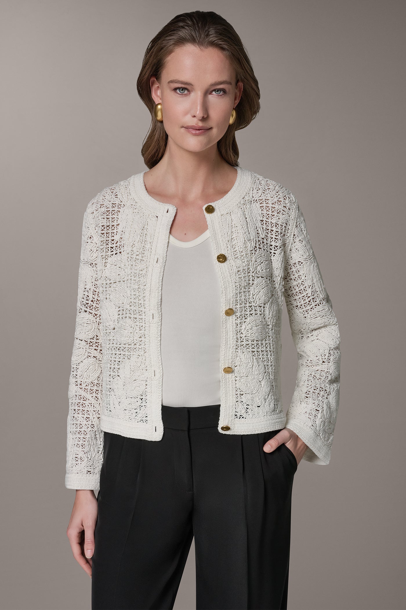 Cream BELL SLEEVE FLORAL CROCHET JACKET Donna Karan