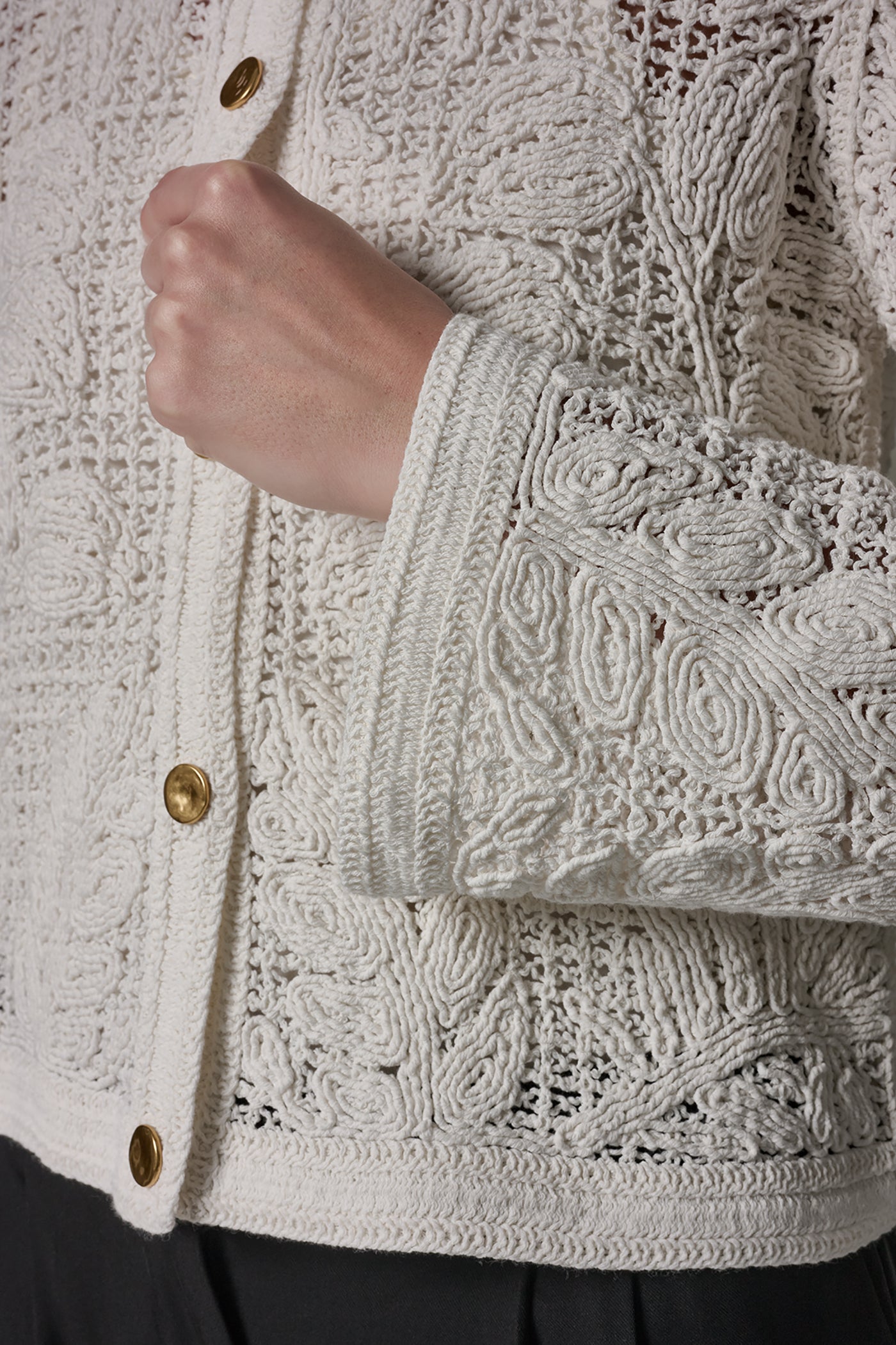Cream BELL SLEEVE FLORAL CROCHET JACKET Donna Karan