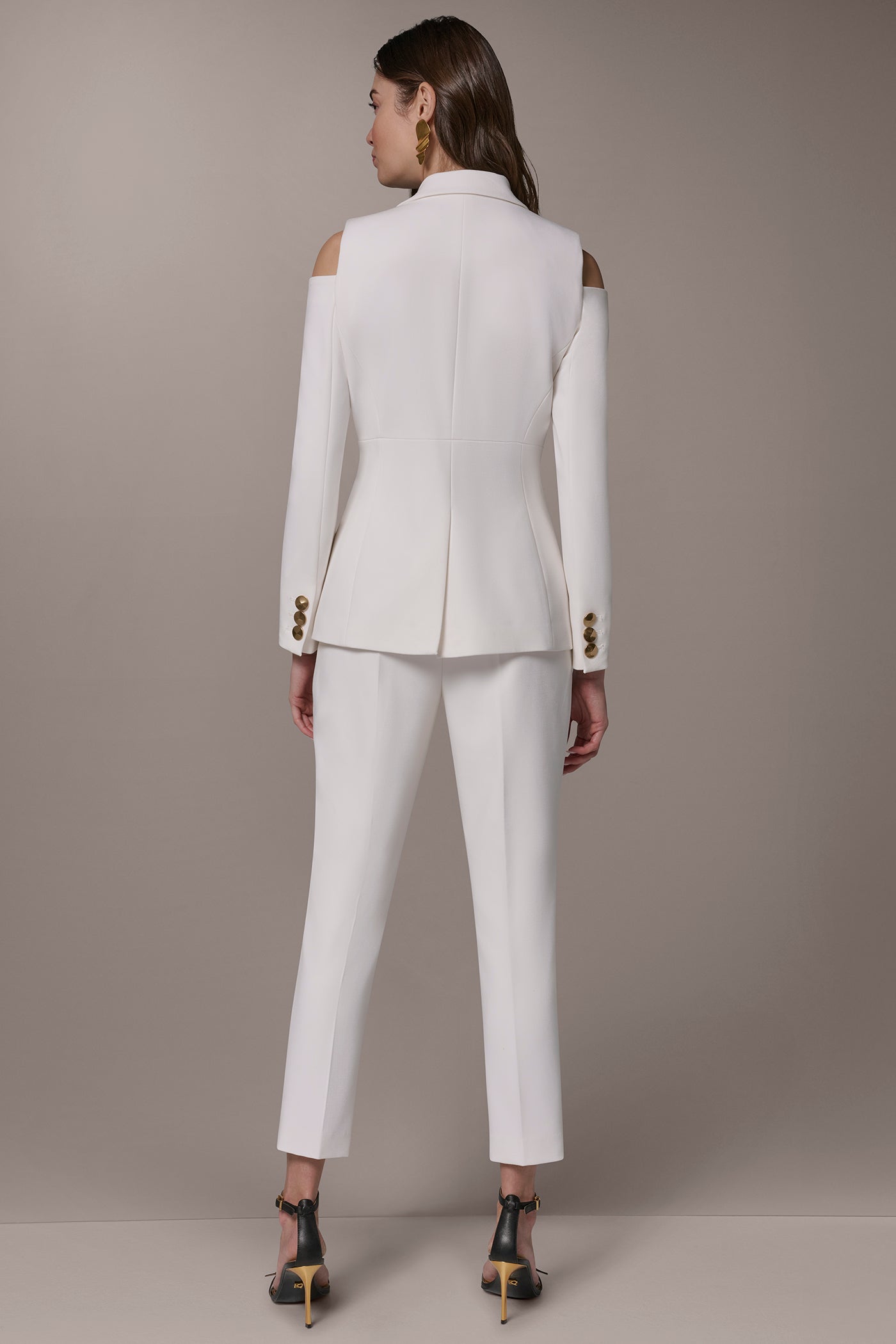 Cream DOUBLE-BREASTED COLD-SHOULDER SUIT BLAZER Donna Karan
