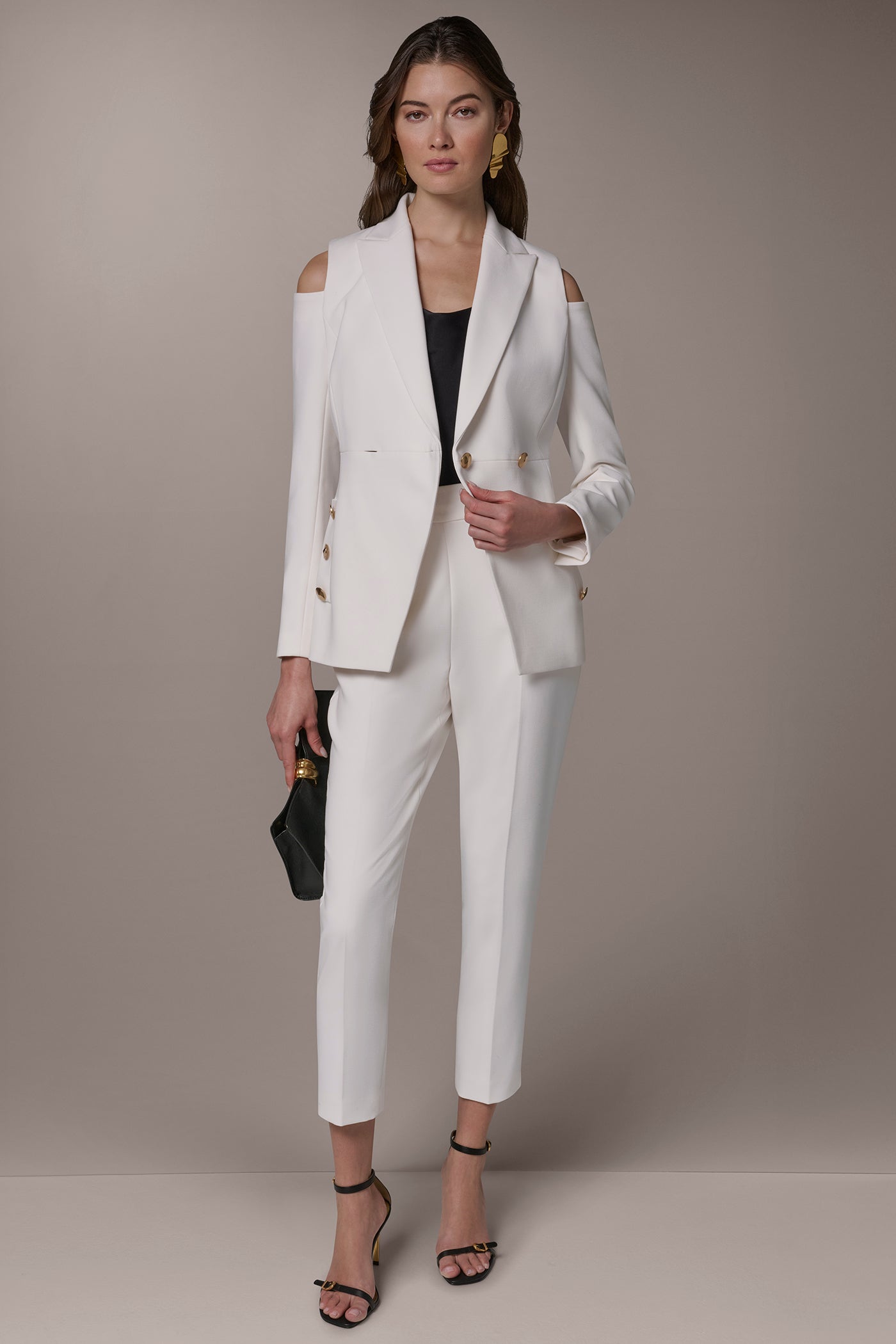 Cream DOUBLE-BREASTED COLD-SHOULDER SUIT BLAZER Donna Karan