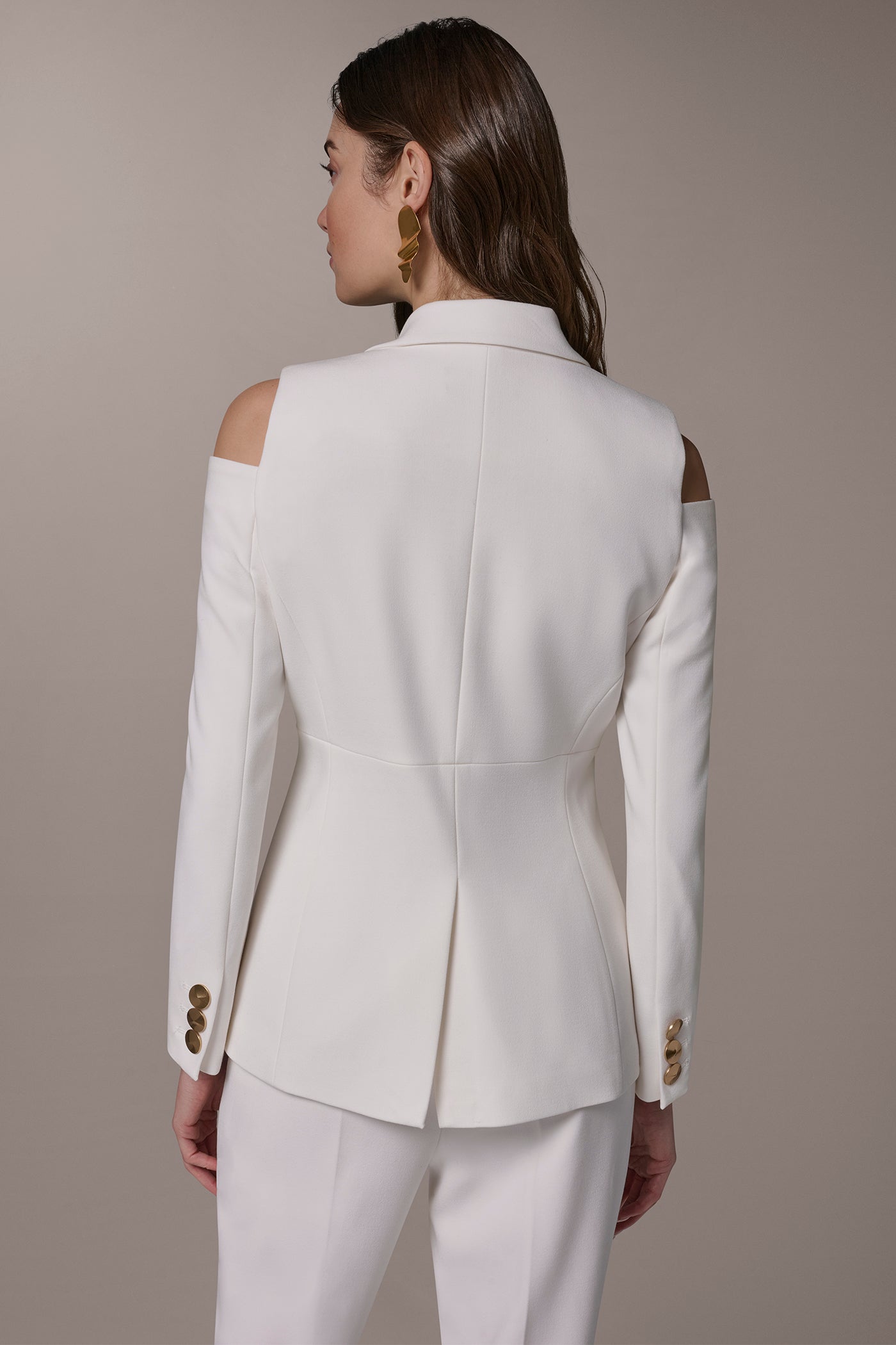 Cream DOUBLE-BREASTED COLD-SHOULDER SUIT BLAZER Donna Karan