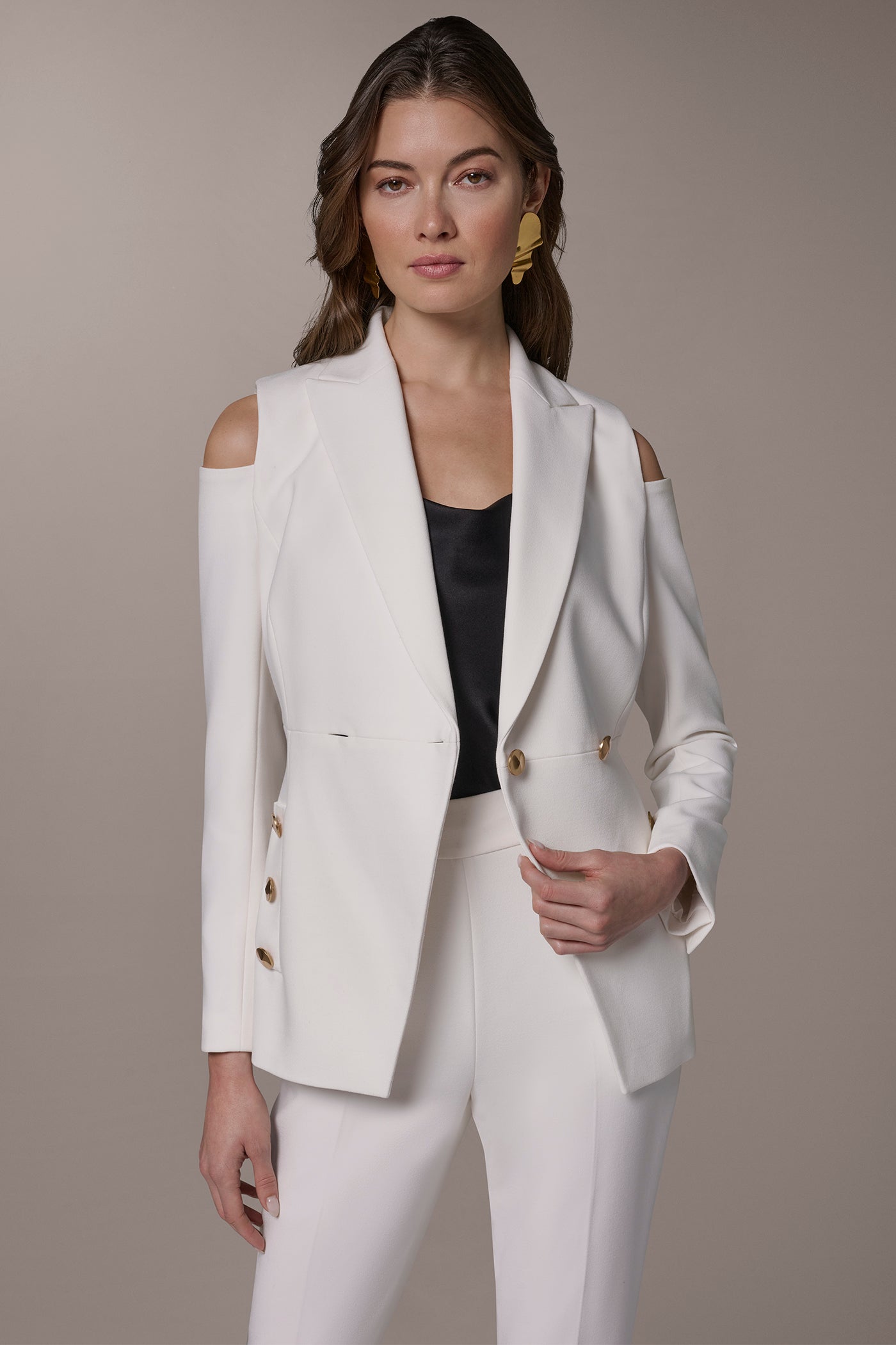 Cream DOUBLE-BREASTED COLD-SHOULDER SUIT BLAZER Donna Karan
