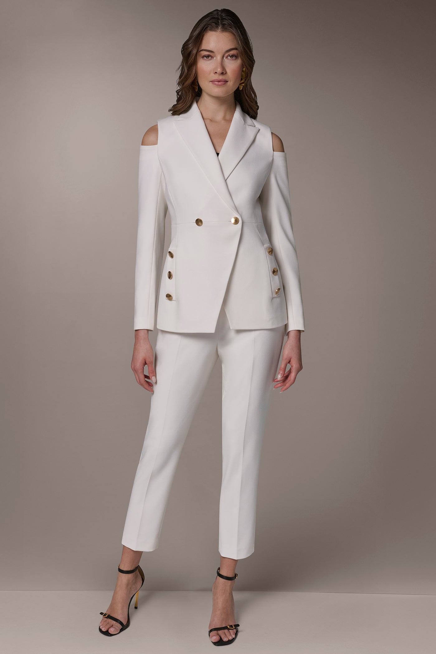 Cream DOUBLE-BREASTED COLD-SHOULDER SUIT BLAZER Donna Karan