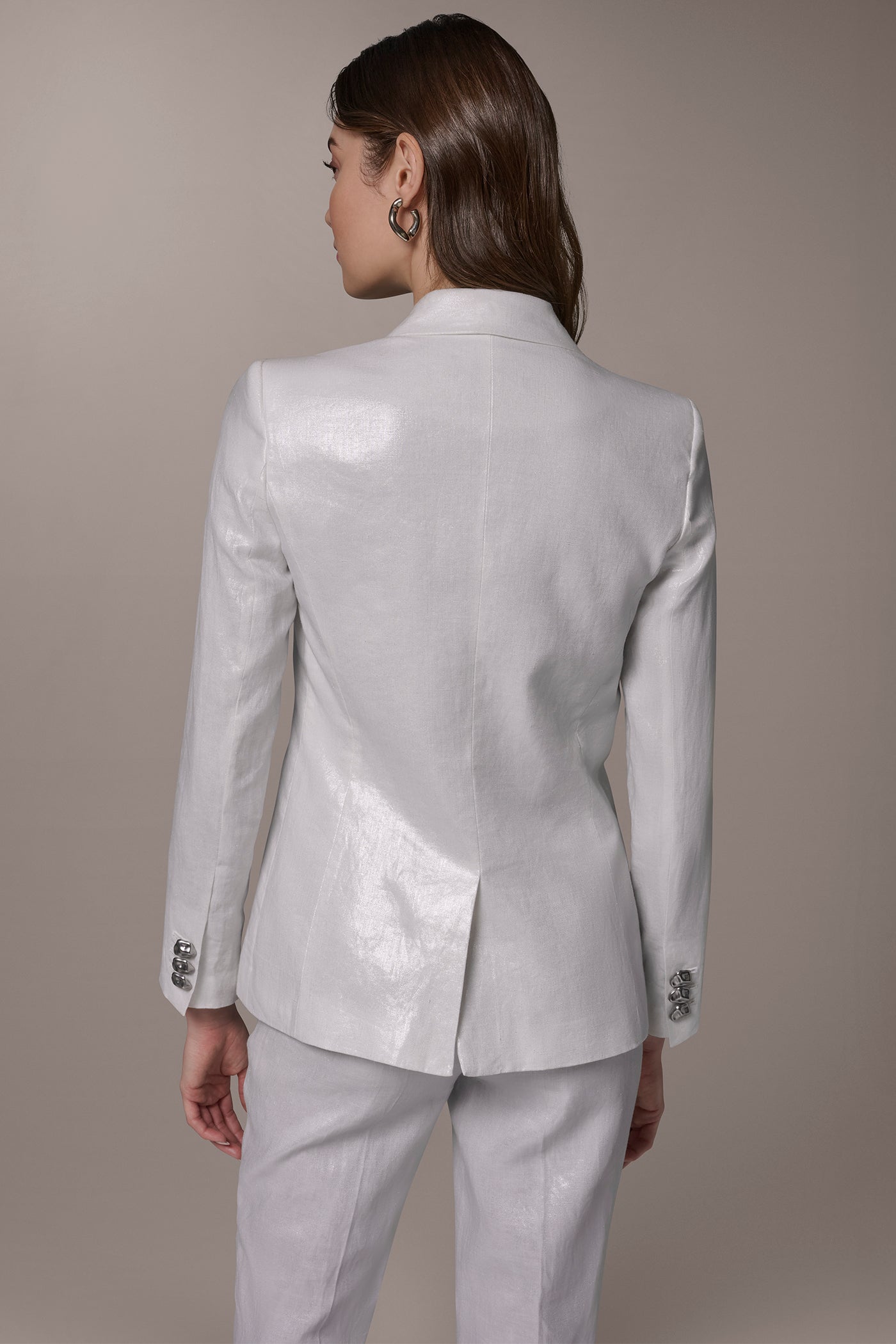 Cream/Silver FOILED LINEN ONE-BUTTON SUIT BLAZER Donna Karan