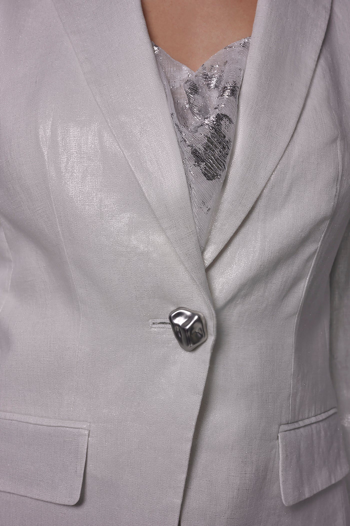Cream/Silver FOILED LINEN ONE-BUTTON SUIT BLAZER Donna Karan