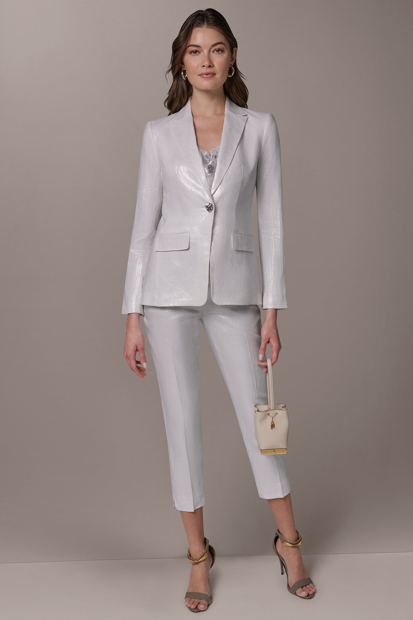 Cream/Silver FOILED LINEN ONE-BUTTON SUIT BLAZER Donna Karan