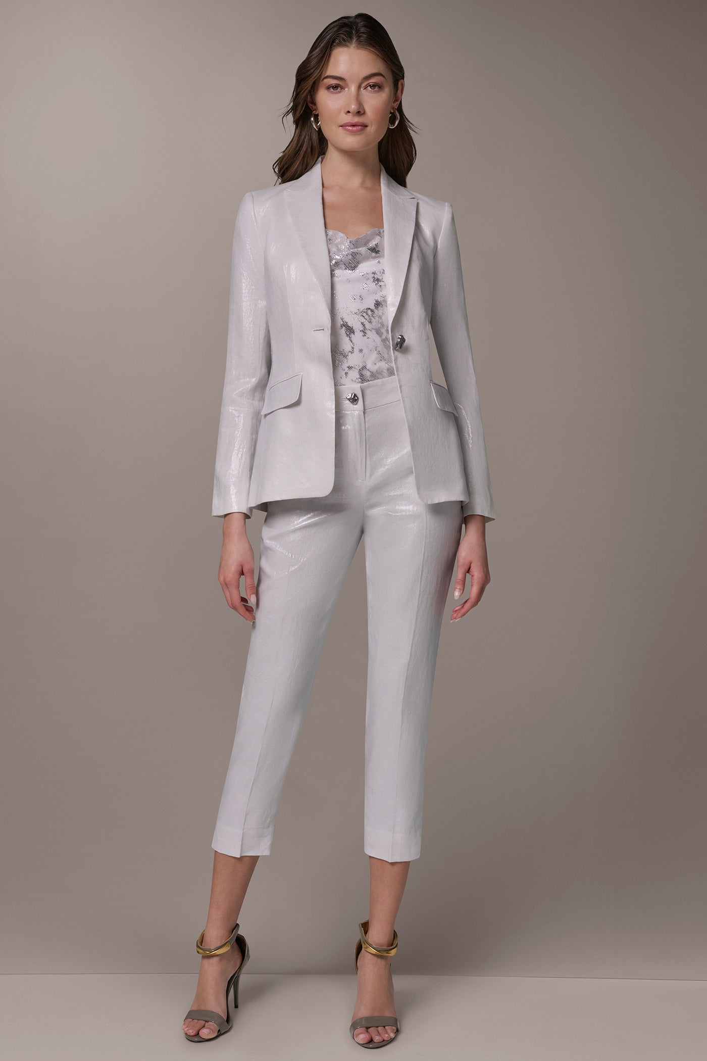 Cream/Silver FOILED LINEN ONE-BUTTON SUIT BLAZER Donna Karan