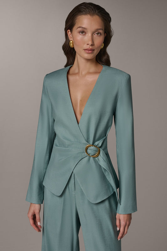 Waterlily LINEN-BLEND WRAP-EFFECT BUCKLE JACKET Donna Karan
