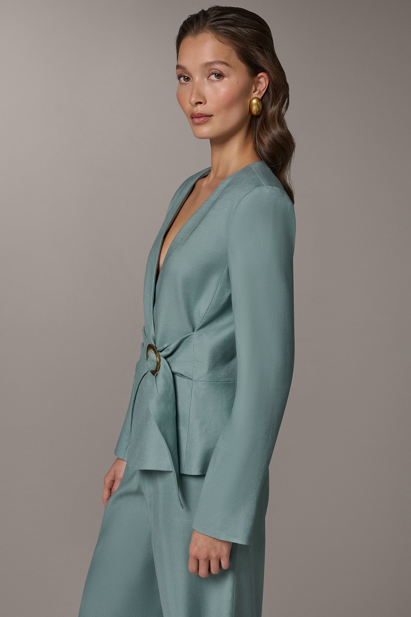 Waterlily LINEN-BLEND WRAP-EFFECT BUCKLE JACKET Donna Karan