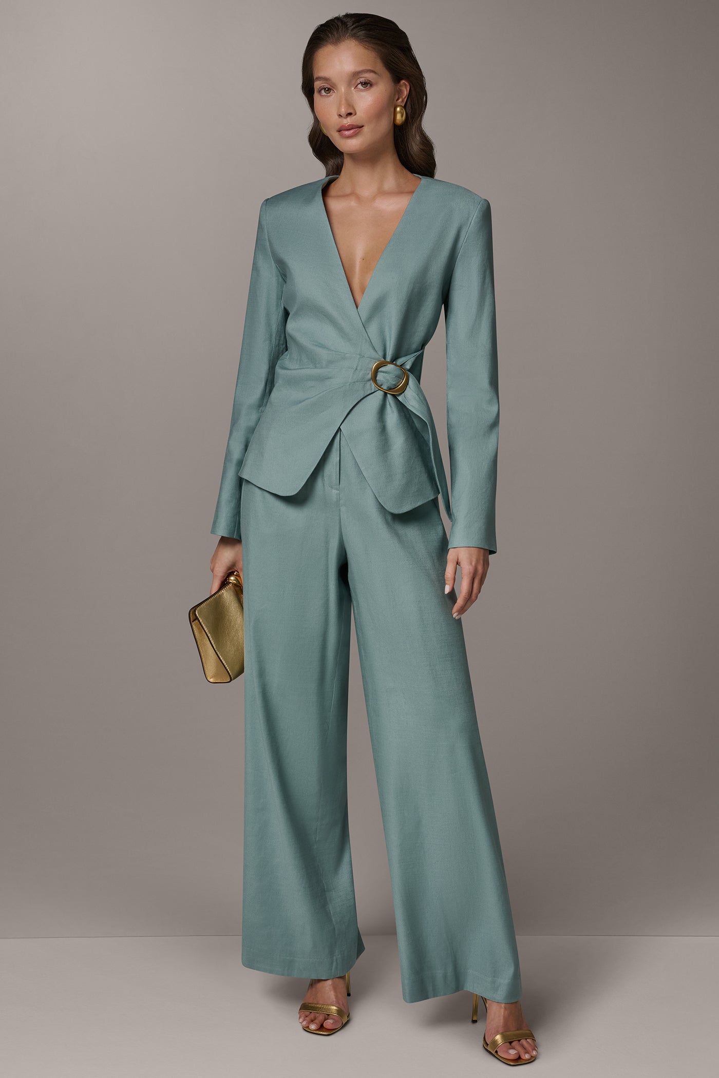 Waterlily LINEN-BLEND WRAP-EFFECT BUCKLE JACKET Donna Karan