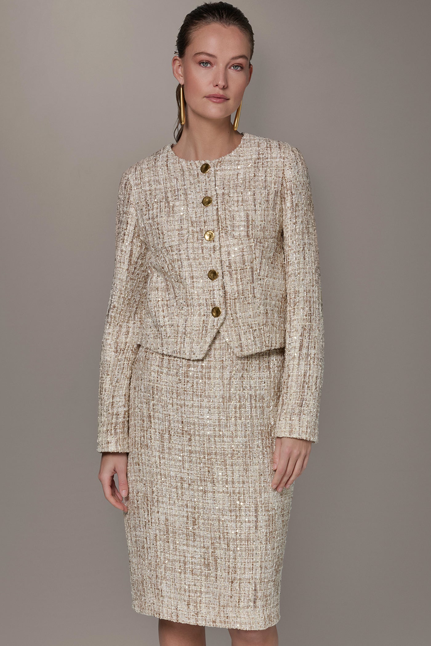 Dark Cream Multi CROPPED SEQUINED TWEED LADY JACKET Donna Karan