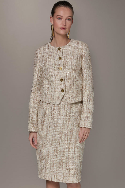 Dark Cream Multi CROPPED SEQUINED TWEED LADY JACKET Donna Karan