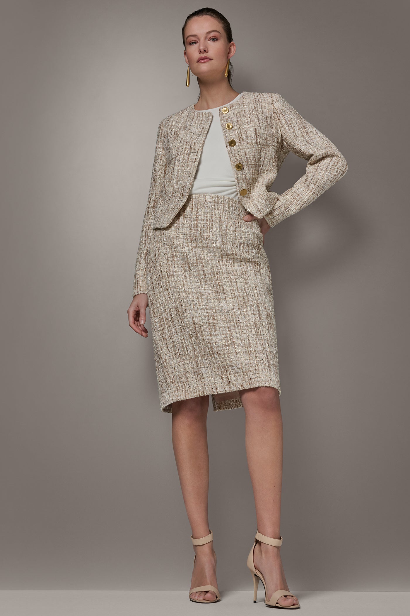 Dark Cream Multi CROPPED SEQUINED TWEED LADY JACKET Donna Karan