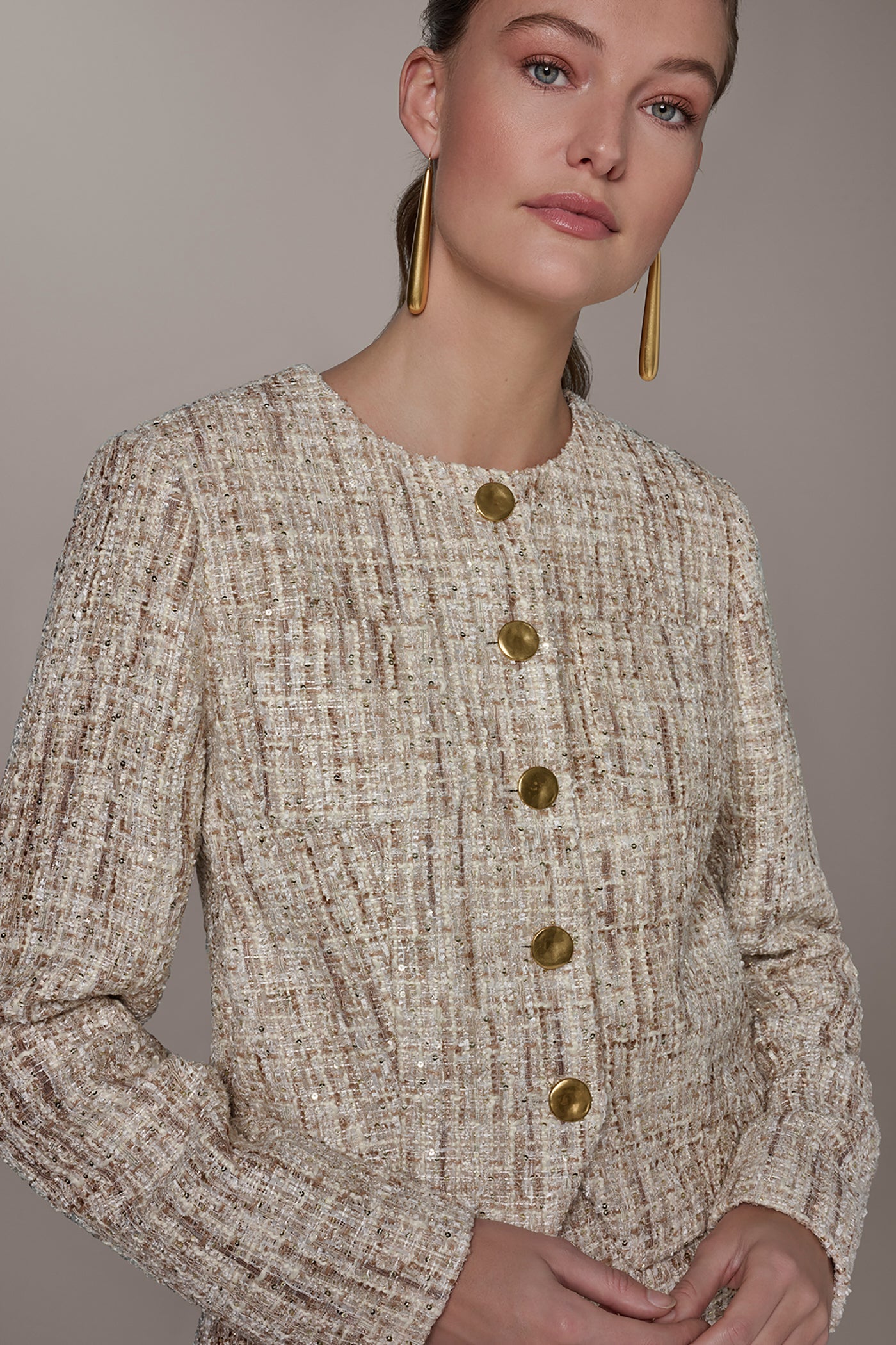 Dark Cream Multi CROPPED SEQUINED TWEED LADY JACKET Donna Karan