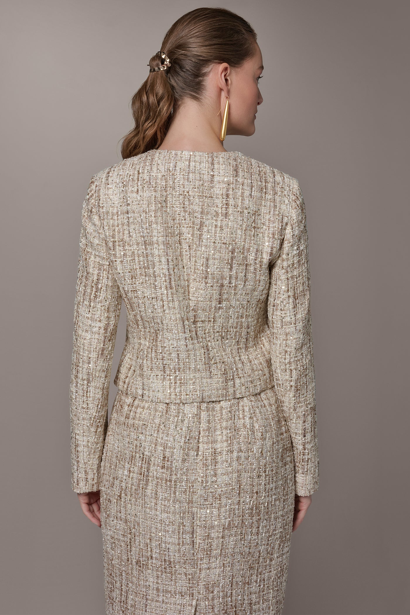 Dark Cream Multi CROPPED SEQUINED TWEED LADY JACKET Donna Karan