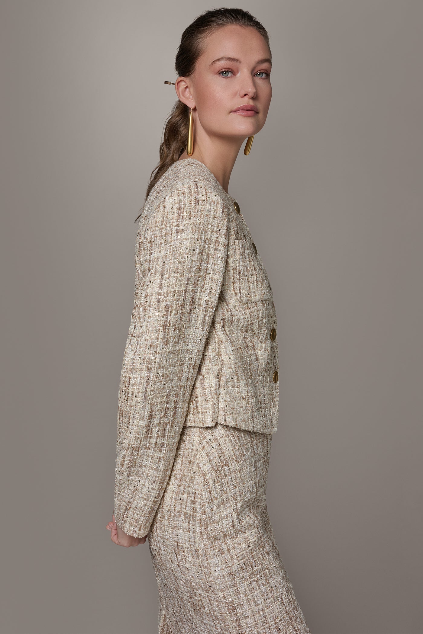 Dark Cream Multi CROPPED SEQUINED TWEED LADY JACKET Donna Karan