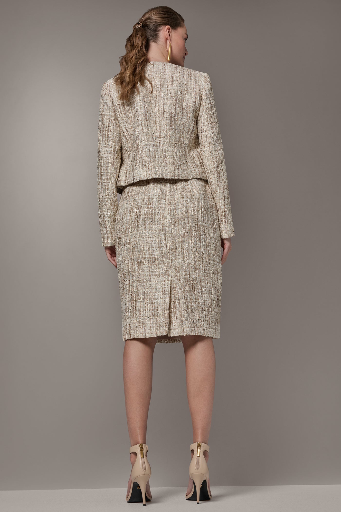 Dark Cream Multi CROPPED SEQUINED TWEED LADY JACKET Donna Karan