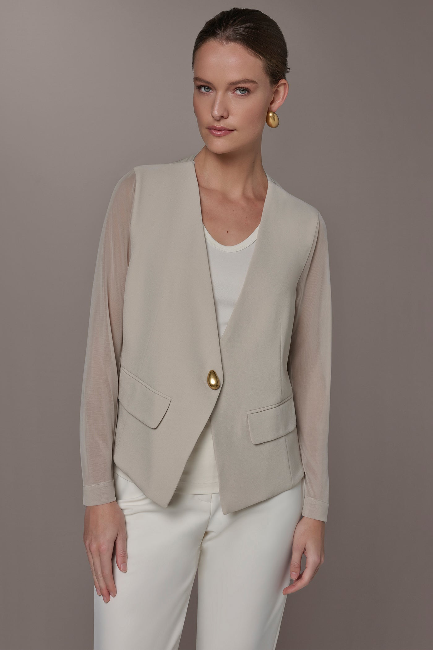 Tuscan Grey CHIFFON PANELED ONE BUTTON JACKET Donna Karan