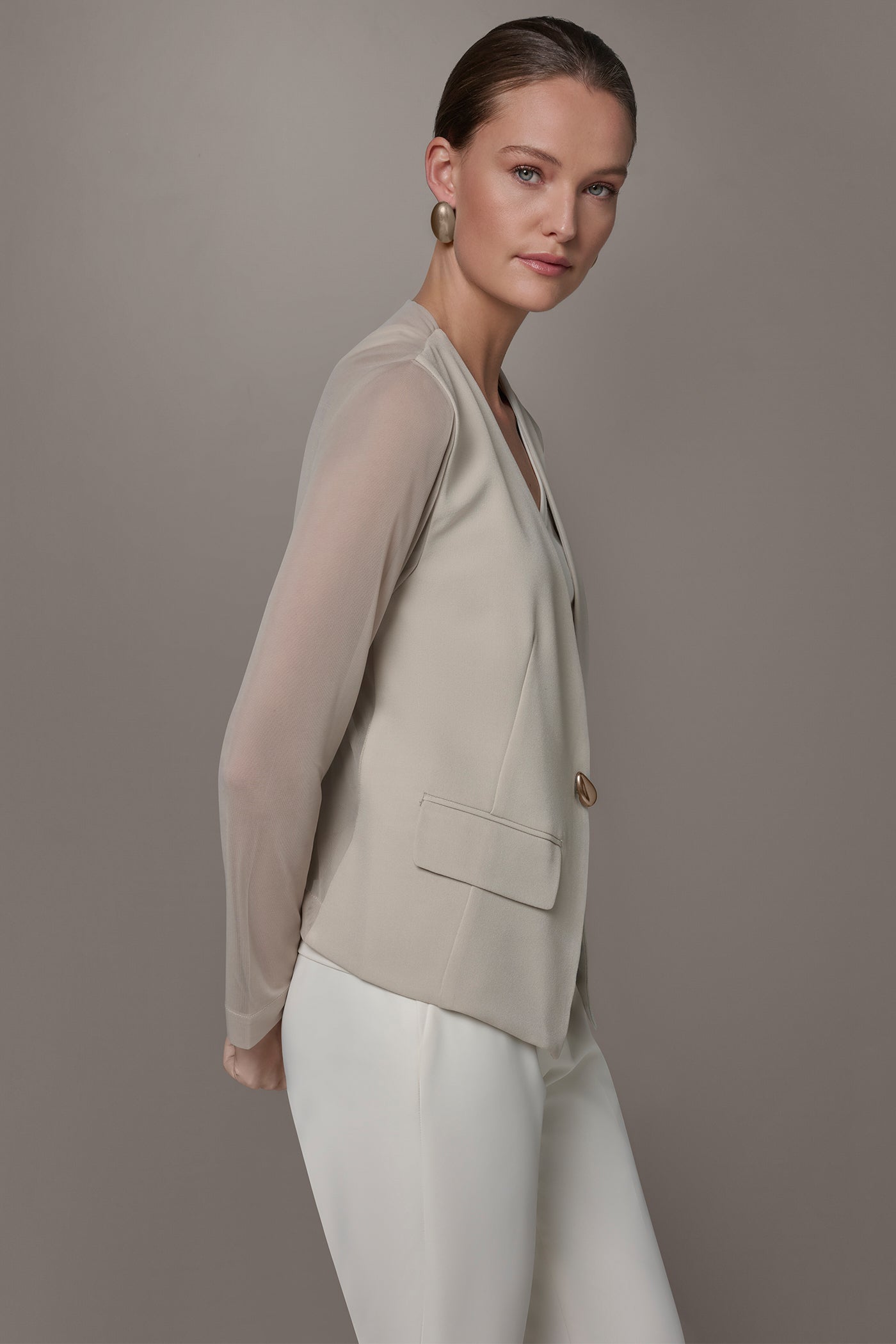 Tuscan Grey CHIFFON PANELED ONE BUTTON JACKET Donna Karan