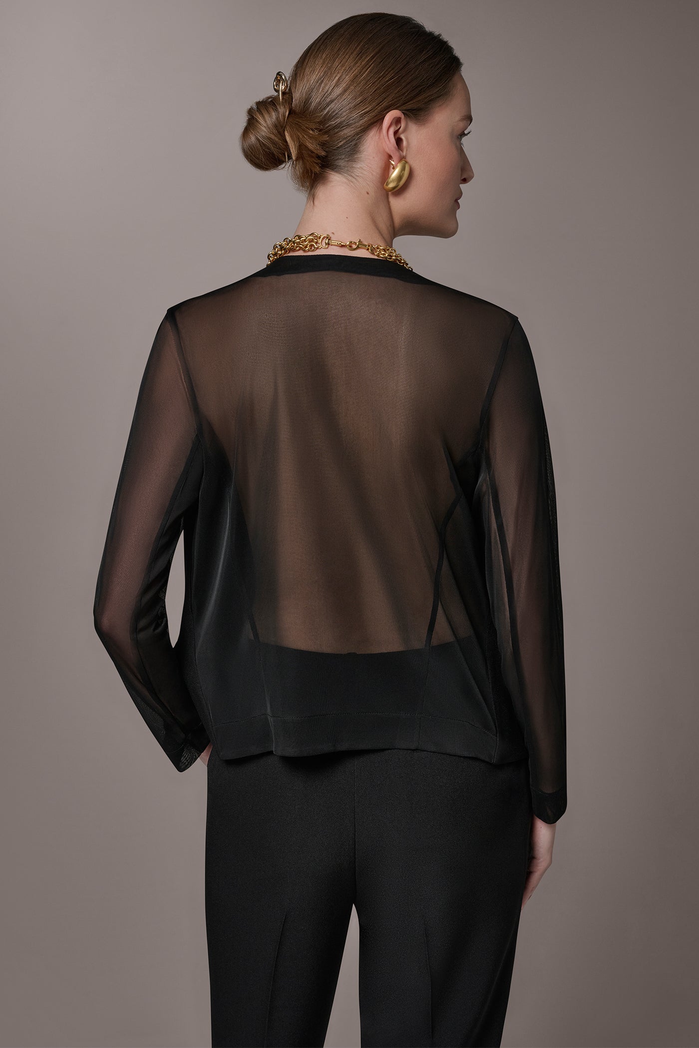 Black CHIFFON PANELED ONE BUTTON JACKET Donna Karan