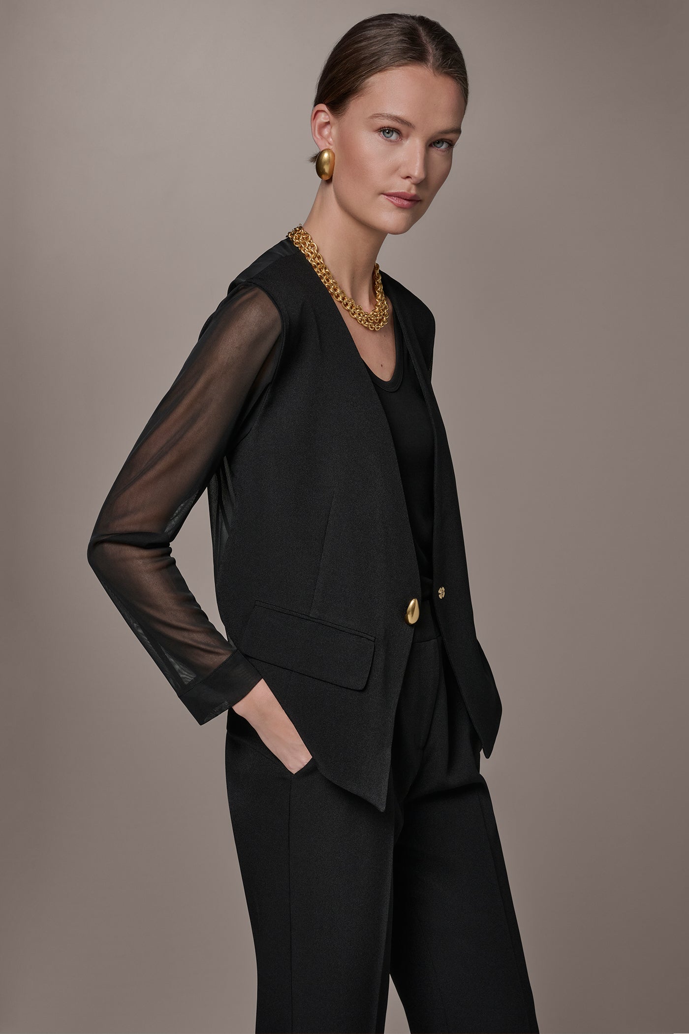 Black CHIFFON PANELED ONE BUTTON JACKET Donna Karan