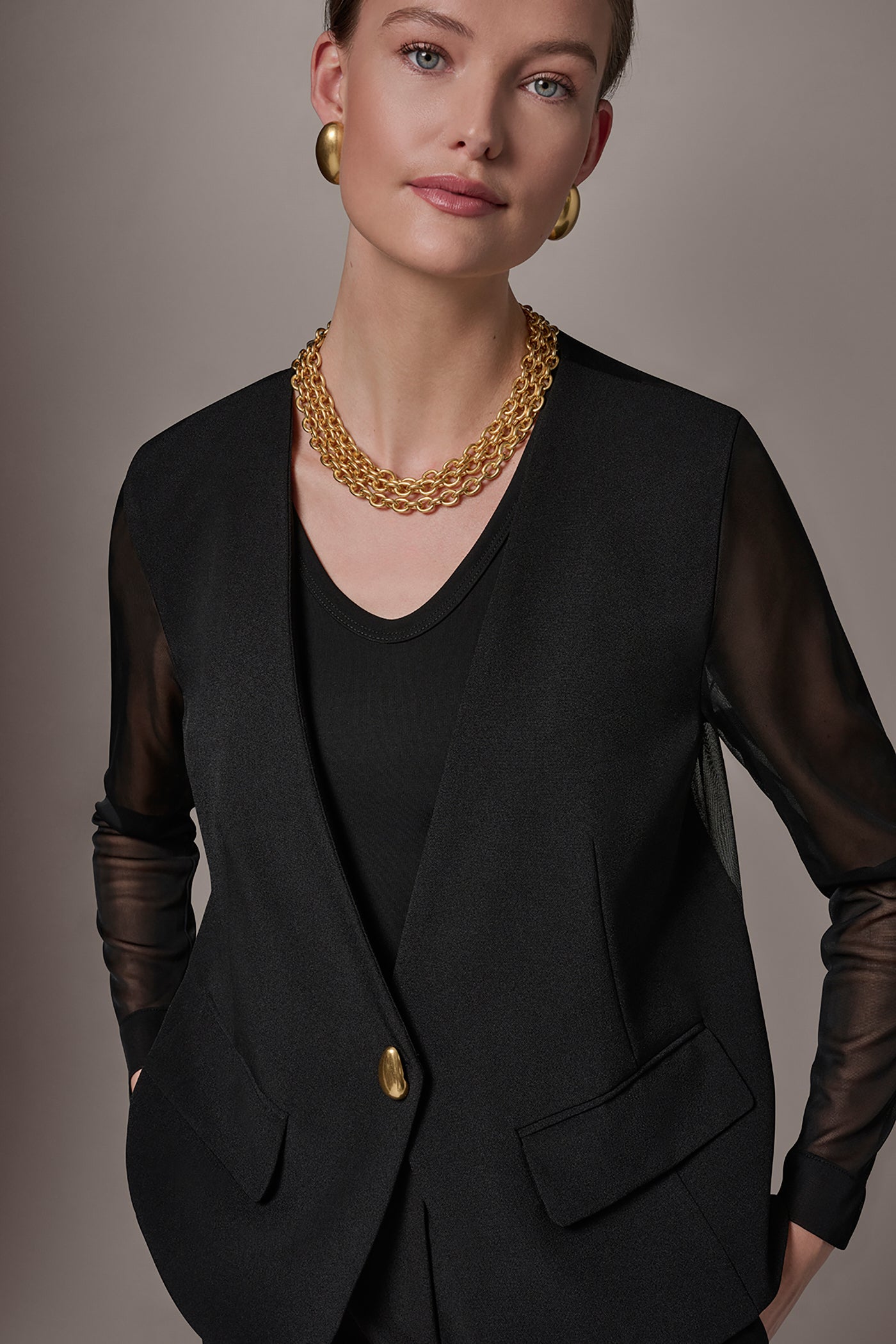 Black CHIFFON PANELED ONE BUTTON JACKET Donna Karan