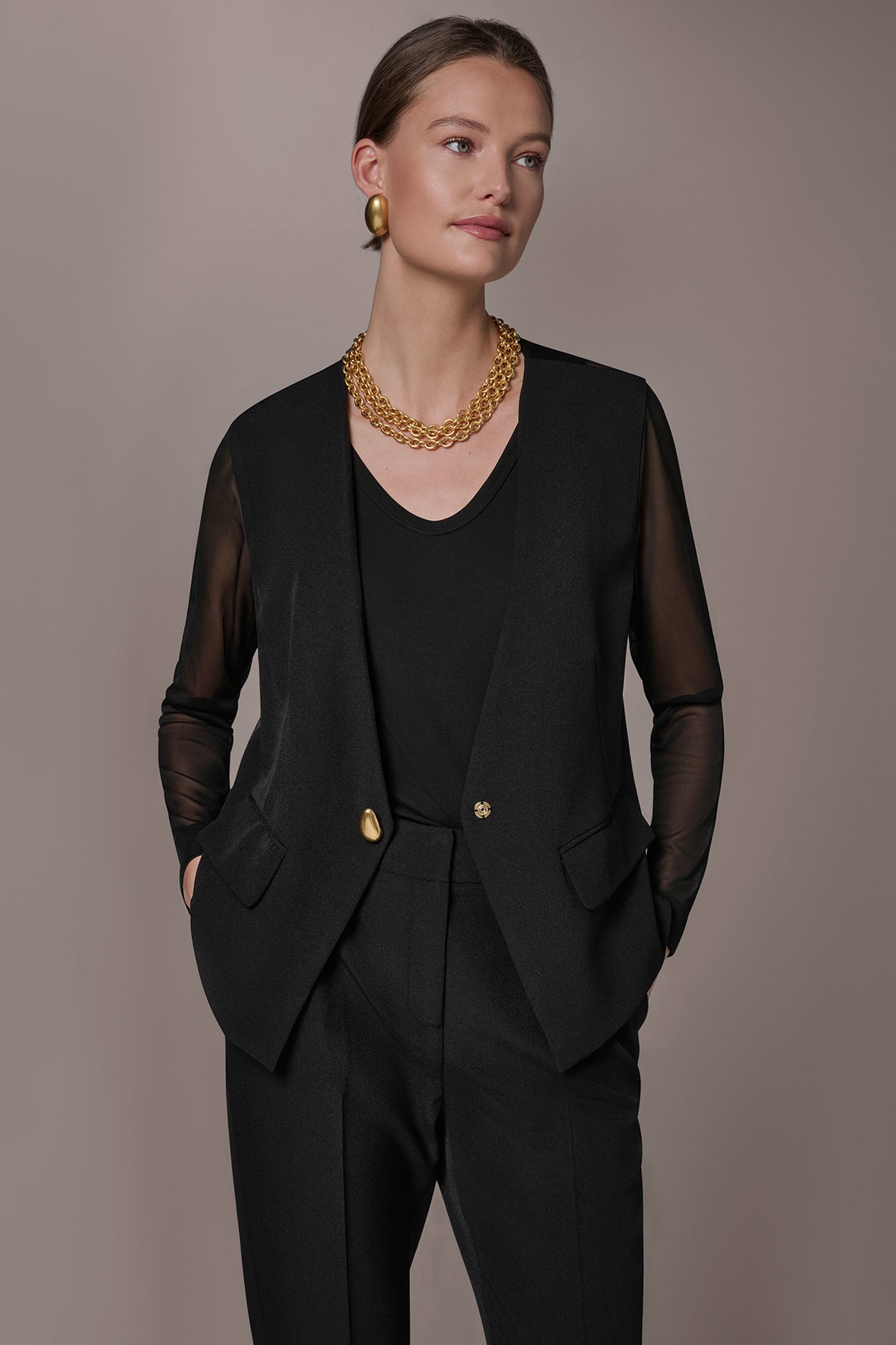 Black CHIFFON PANELED ONE BUTTON JACKET Donna Karan