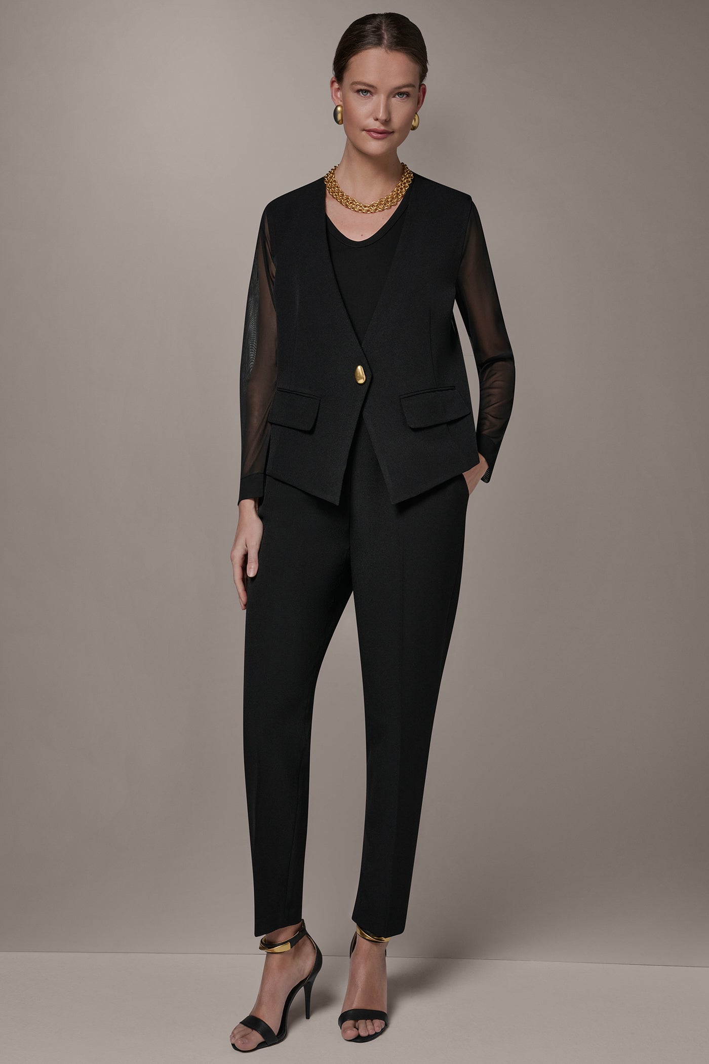 Black CHIFFON PANELED ONE BUTTON JACKET Donna Karan