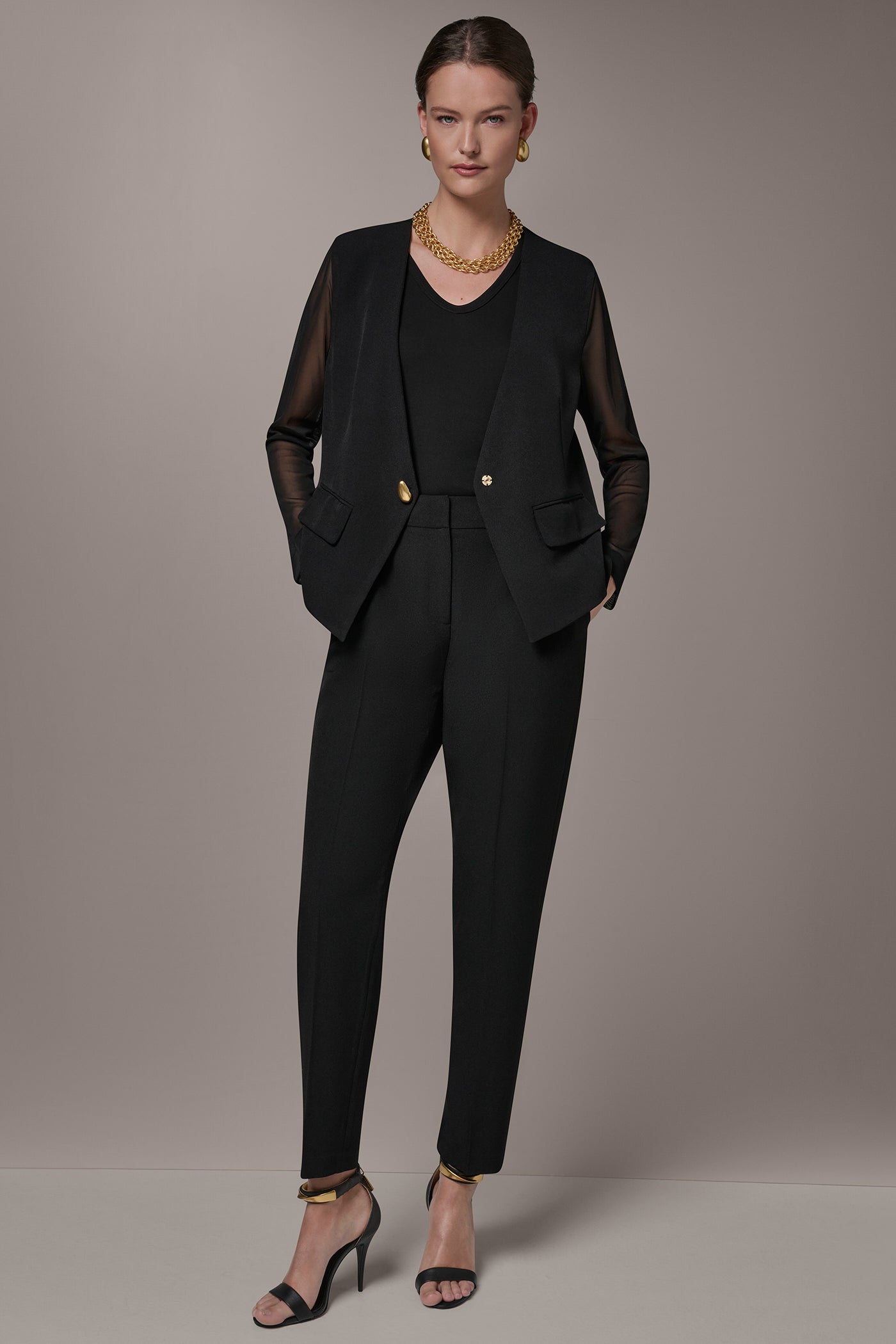 Black CHIFFON PANELED ONE BUTTON JACKET Donna Karan