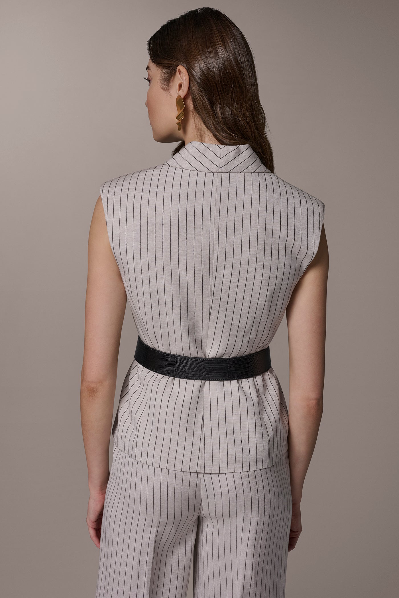 Flax/Black LINEN-BLEND PINSTRIPED SUIT VEST Donna Karan