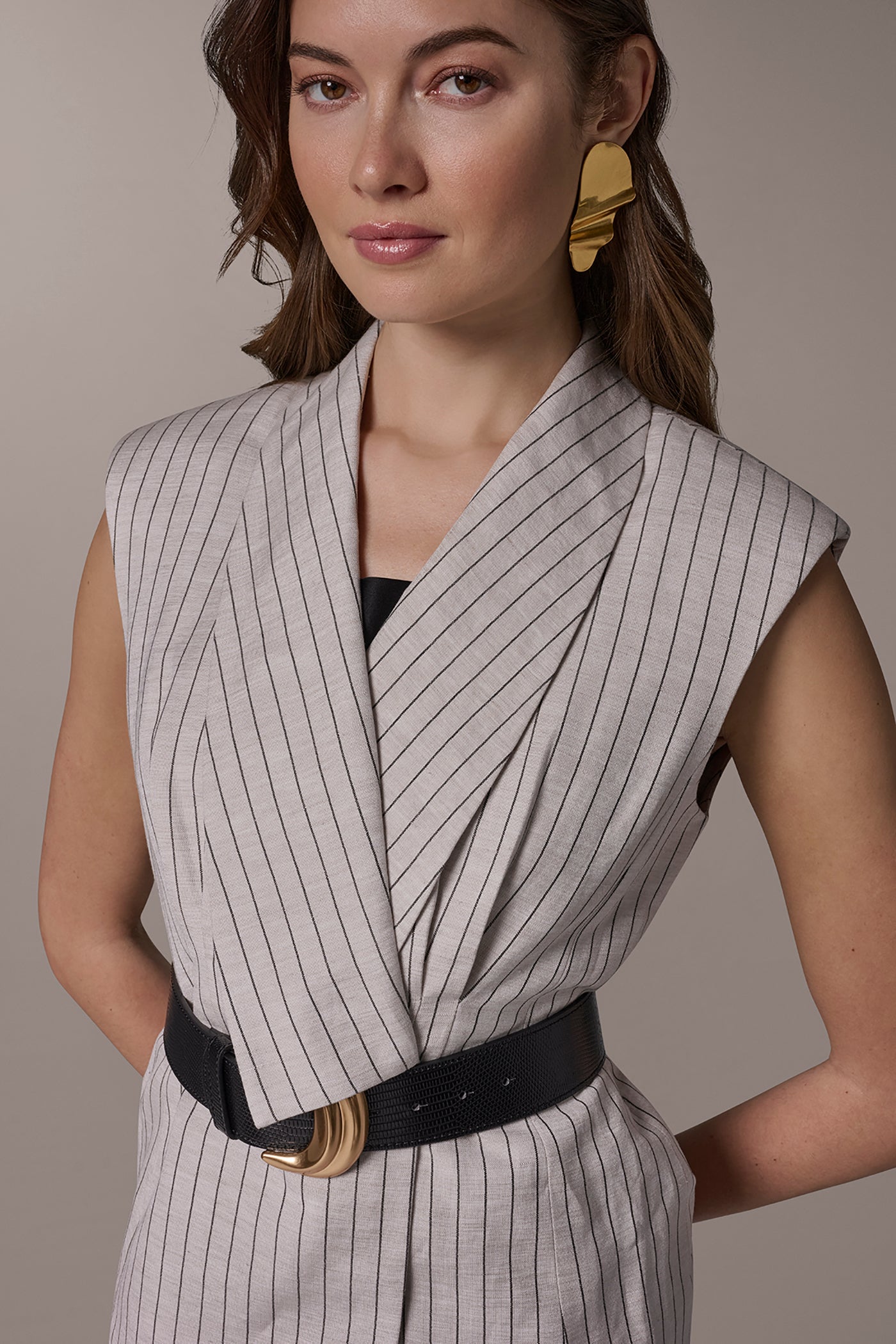 Flax/Black LINEN-BLEND PINSTRIPED SUIT VEST Donna Karan
