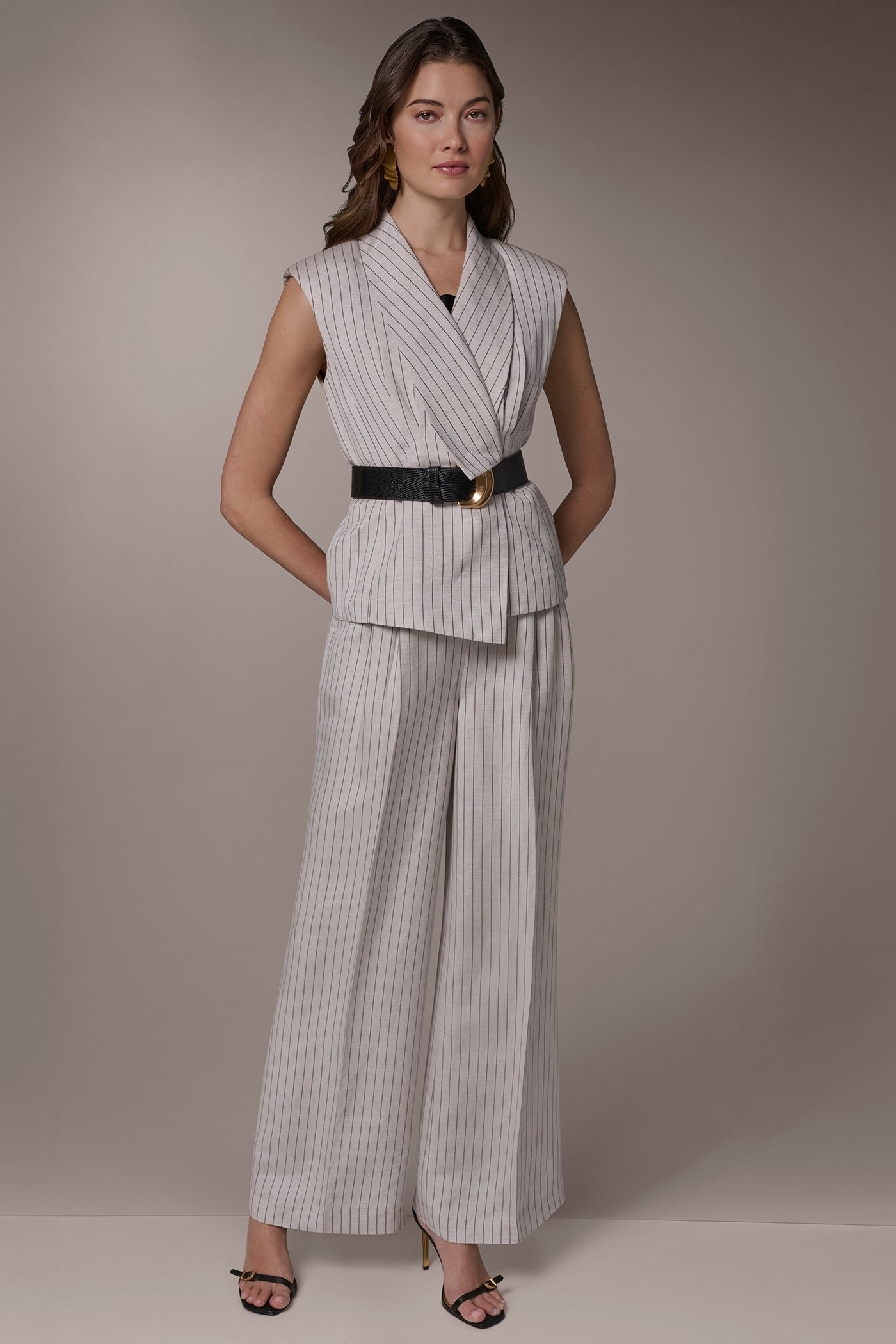 Flax/Black LINEN-BLEND PINSTRIPED SUIT VEST Donna Karan