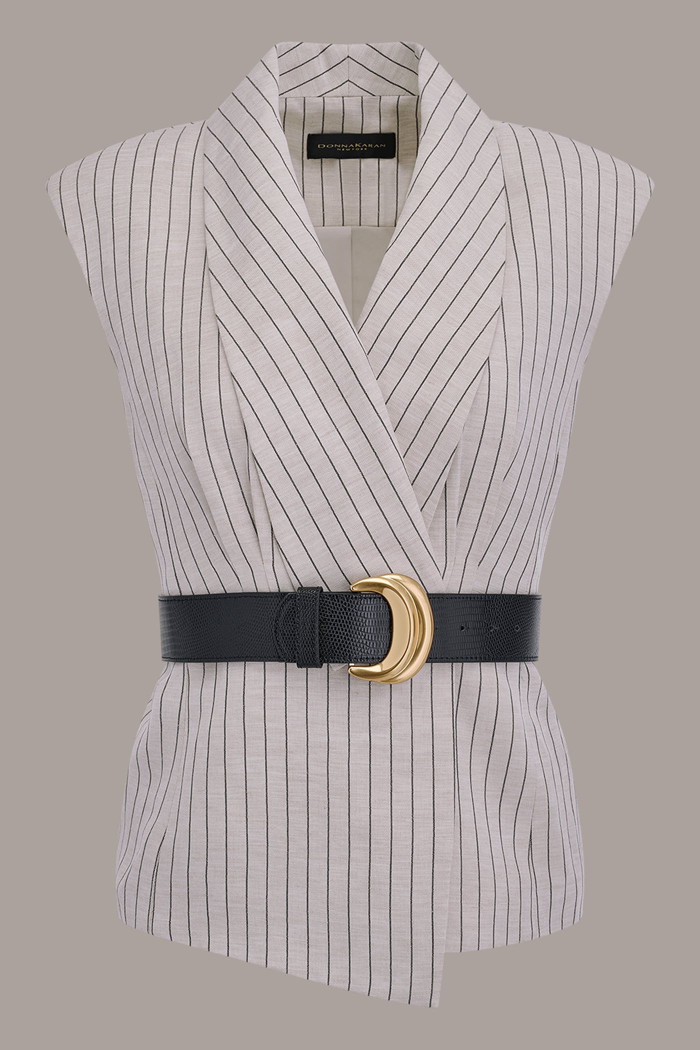 Flax/Black LINEN-BLEND PINSTRIPED SUIT VEST Donna Karan