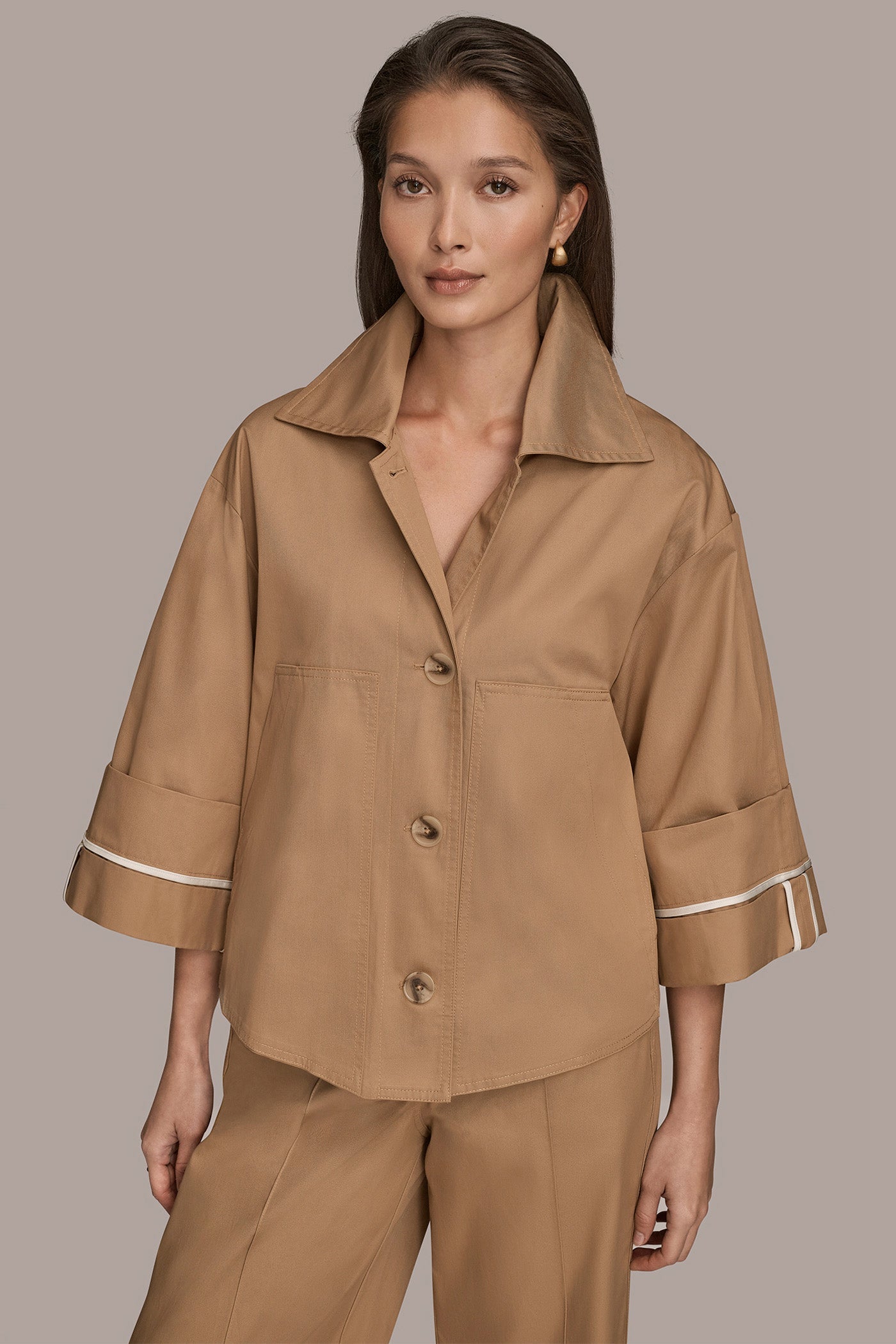 FAWN 3/4-SLEEVE COTTON GABARDINE SWING JACKET Donna Karan