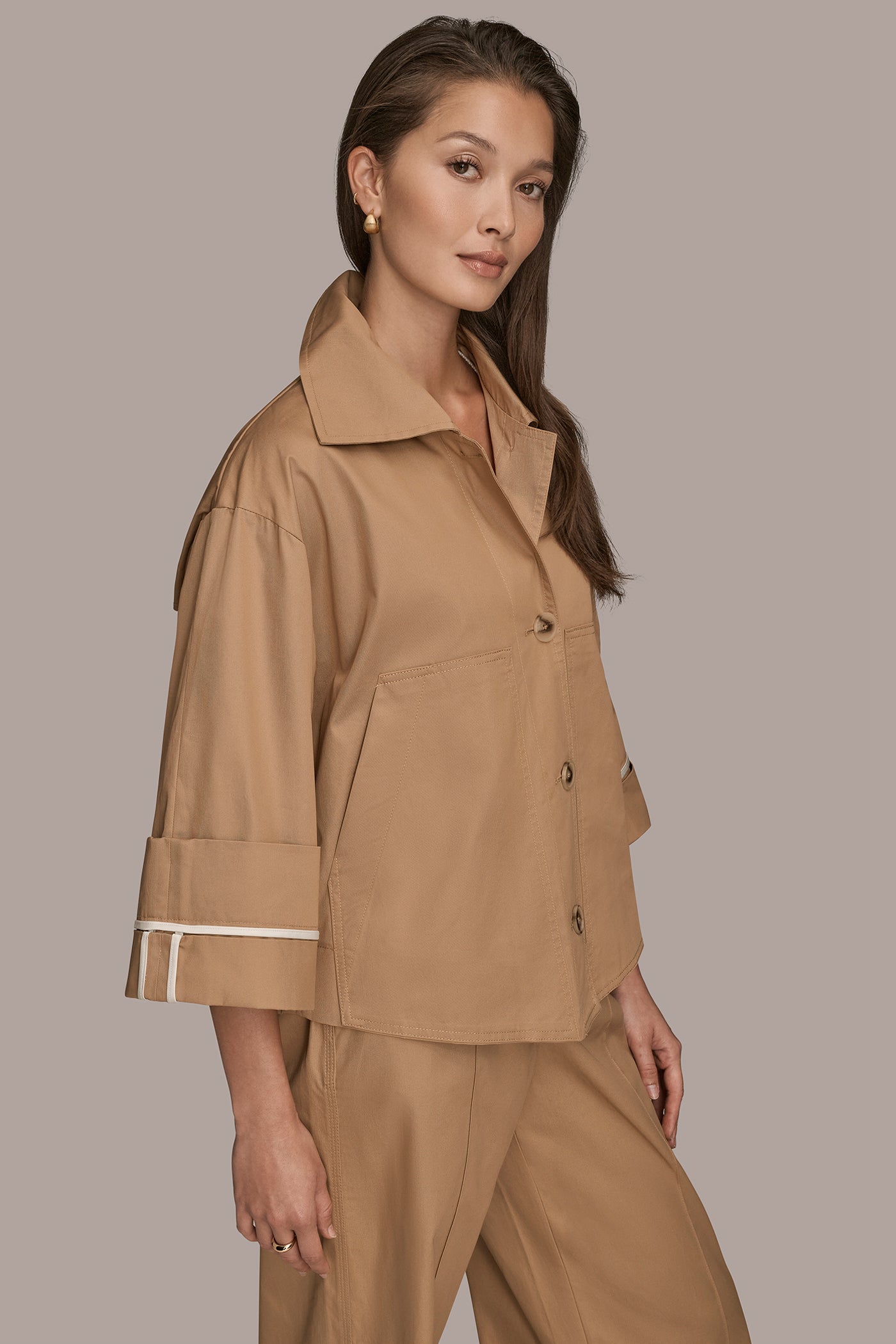 FAWN 3/4-SLEEVE COTTON GABARDINE SWING JACKET Donna Karan