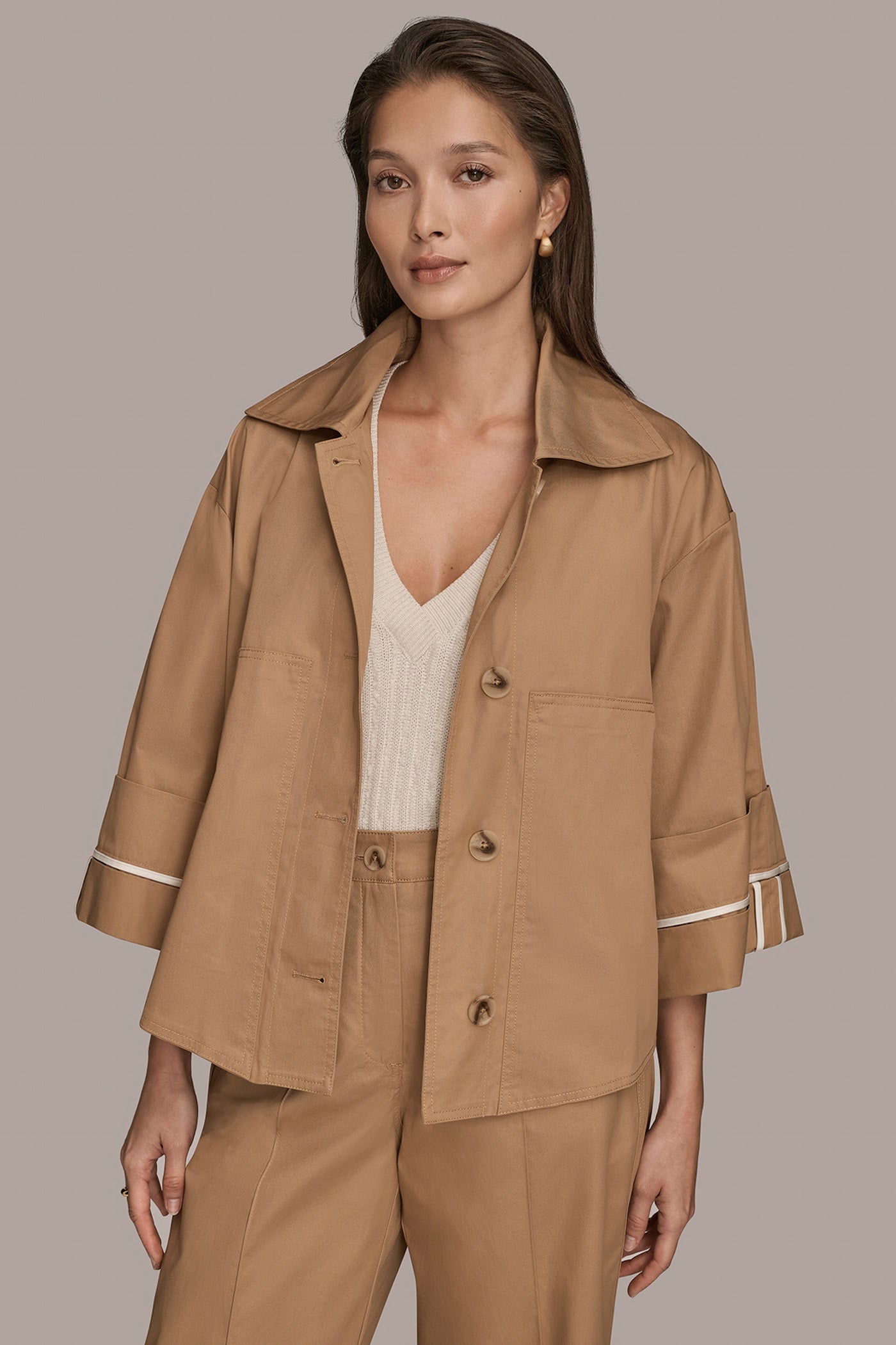 FAWN 3/4-SLEEVE COTTON GABARDINE SWING JACKET Donna Karan