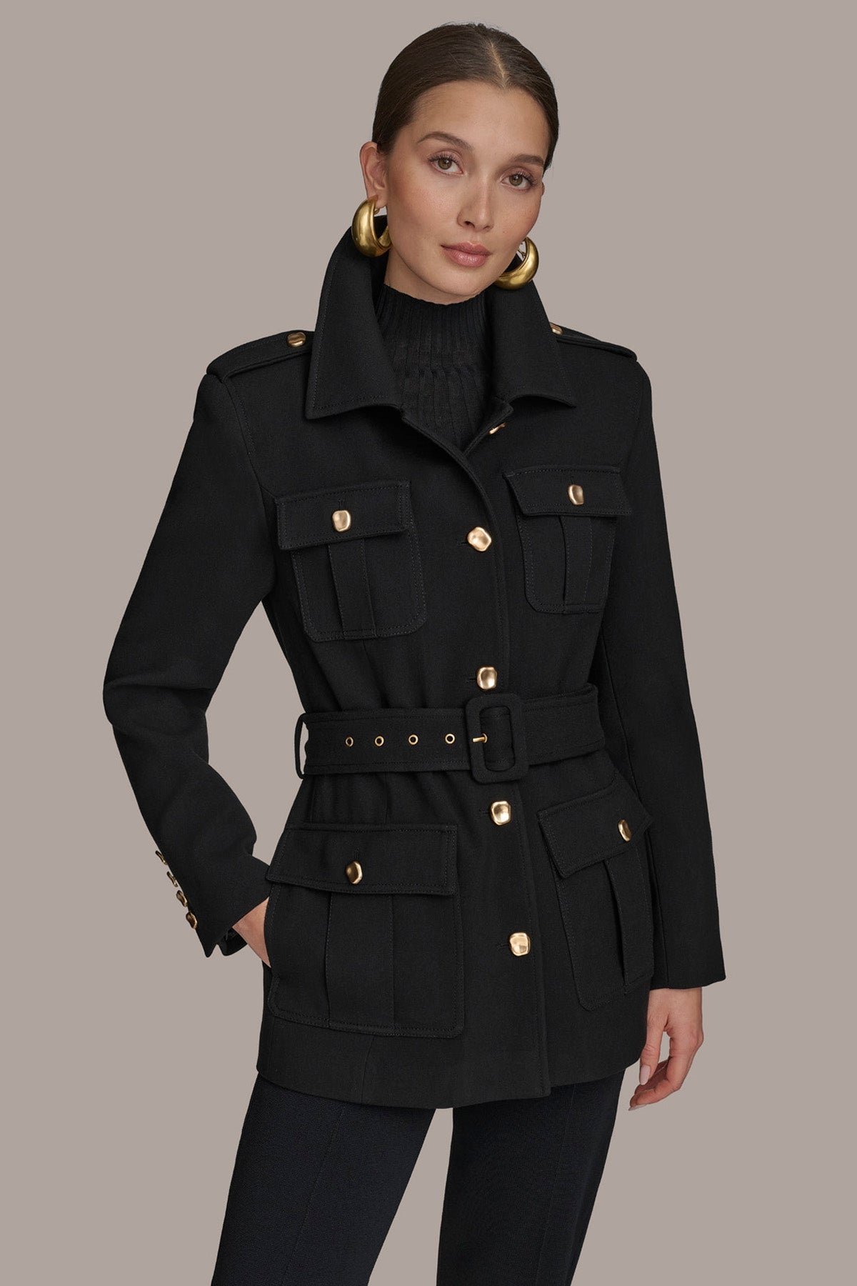Black BELTED MILITARY BLAZER Donna Karan