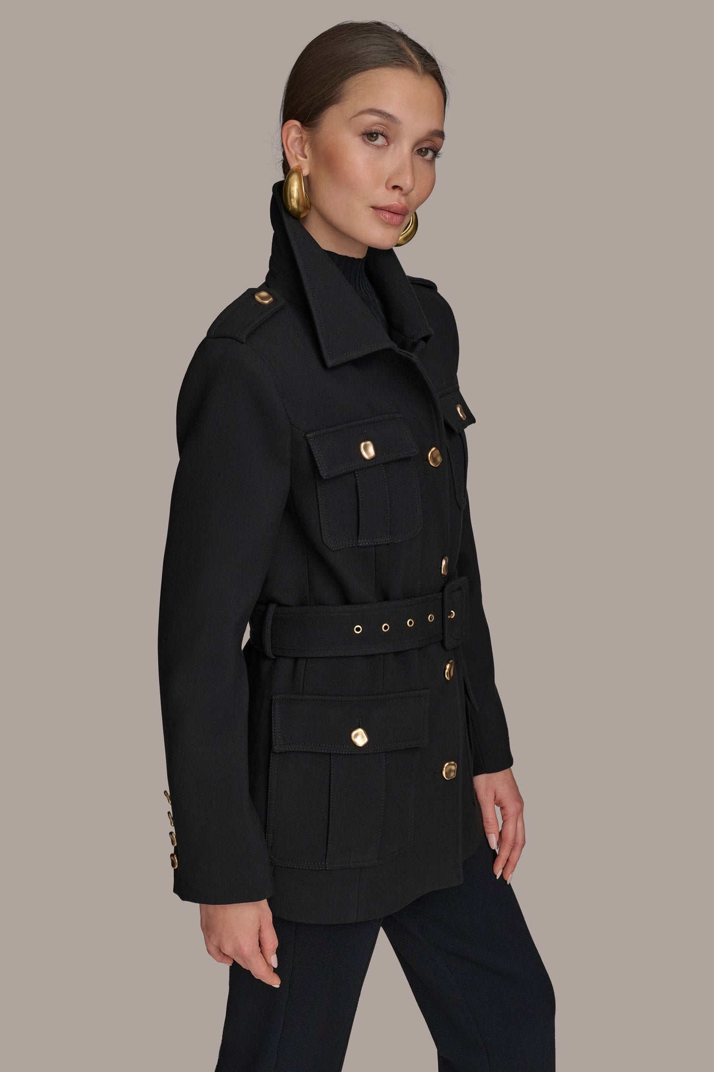 Black BELTED MILITARY BLAZER Donna Karan
