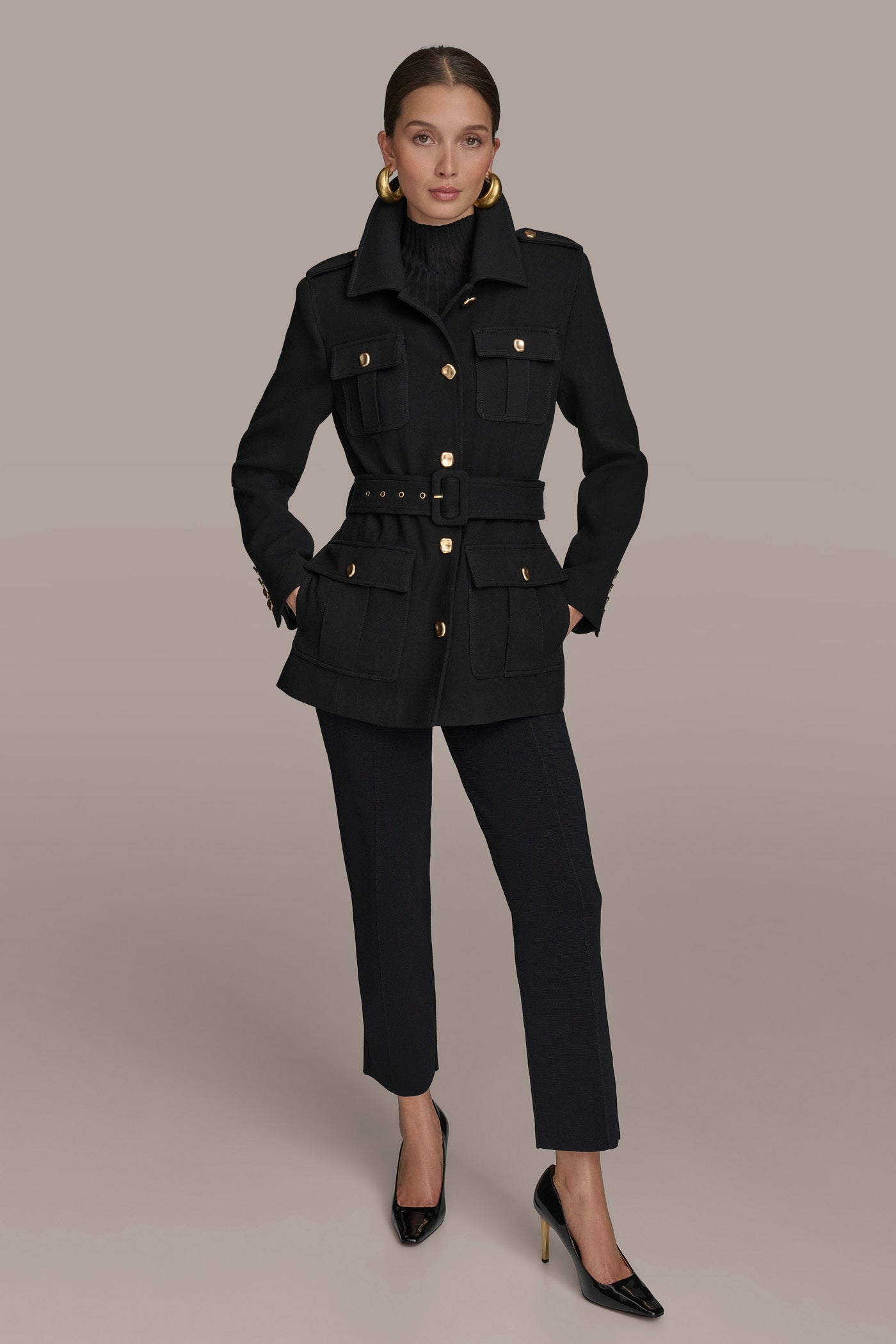 Black BELTED MILITARY BLAZER Donna Karan
