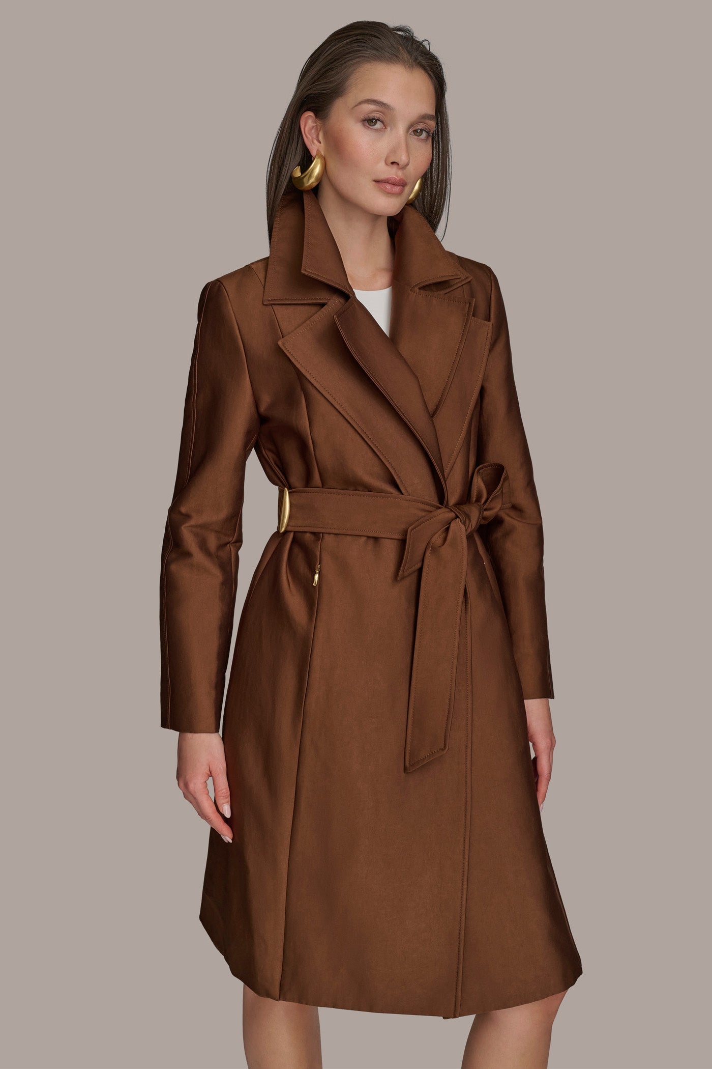 TOBACCO DOUBLE COLLAR SATIN TRENCH COAT Donna Karan