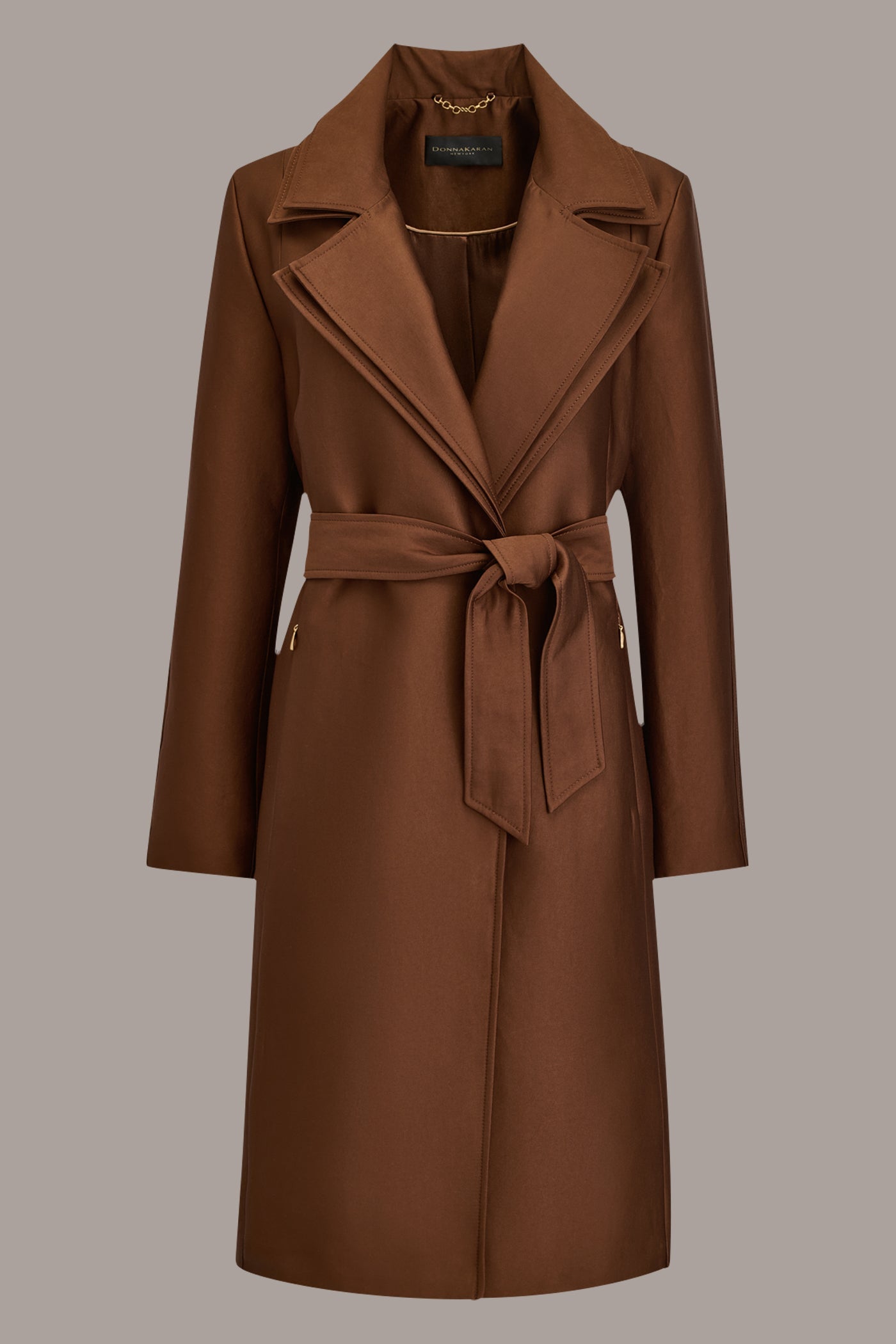 TOBACCO DOUBLE COLLAR SATIN TRENCH COAT Donna Karan