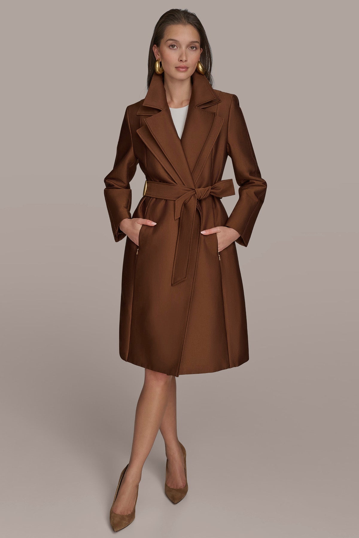 TOBACCO DOUBLE COLLAR SATIN TRENCH COAT Donna Karan