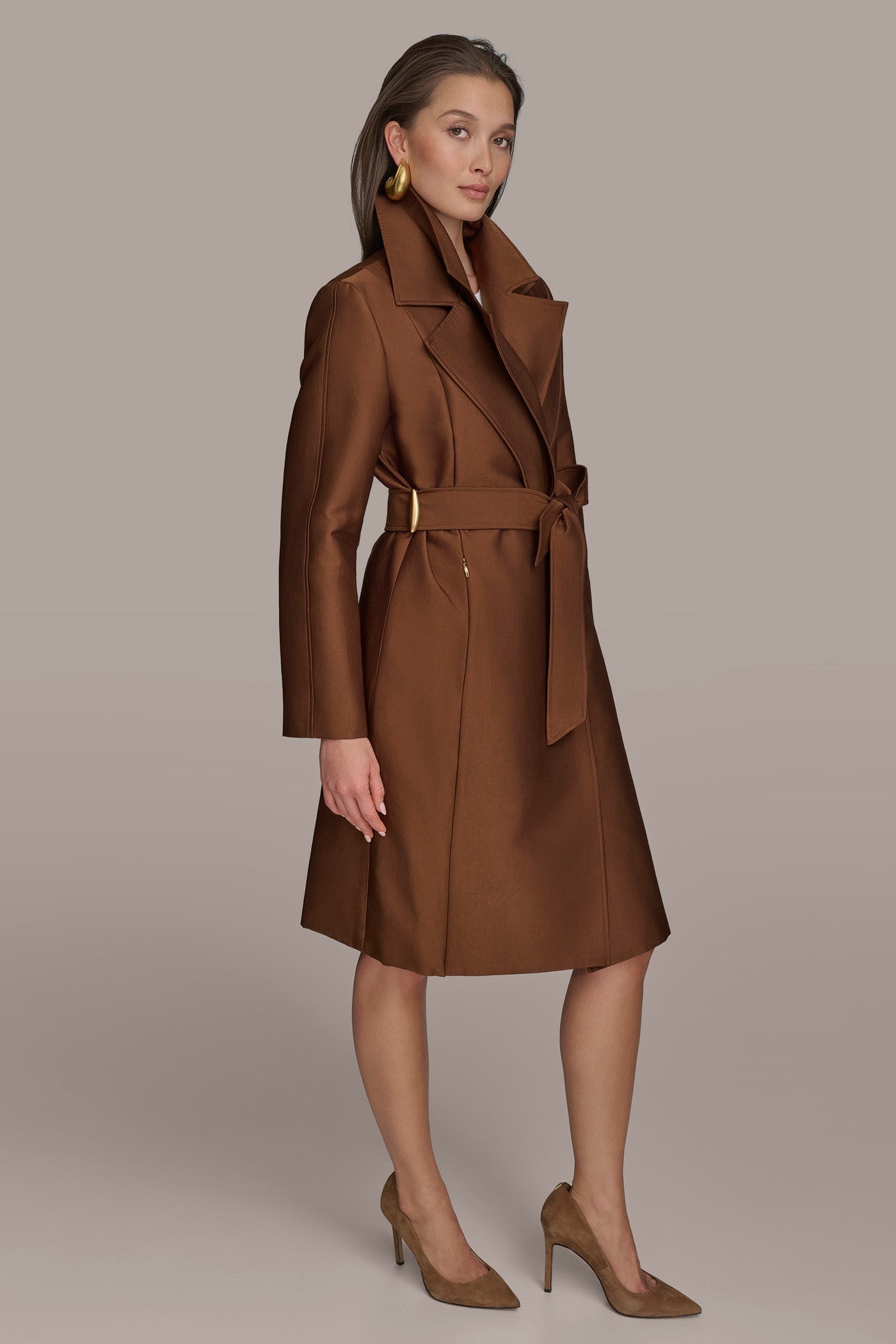 TOBACCO DOUBLE COLLAR SATIN TRENCH COAT Donna Karan