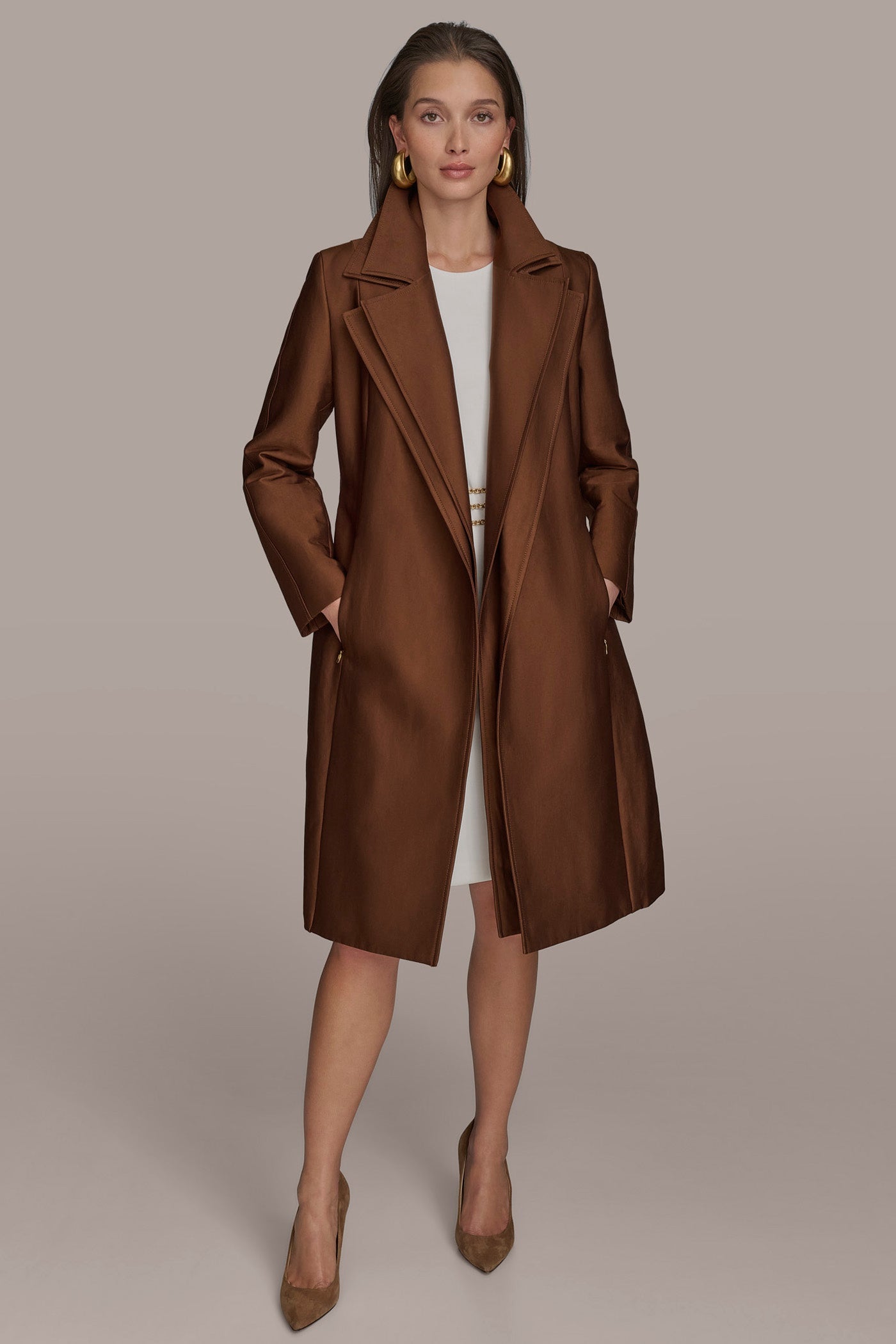 TOBACCO DOUBLE COLLAR SATIN TRENCH COAT Donna Karan