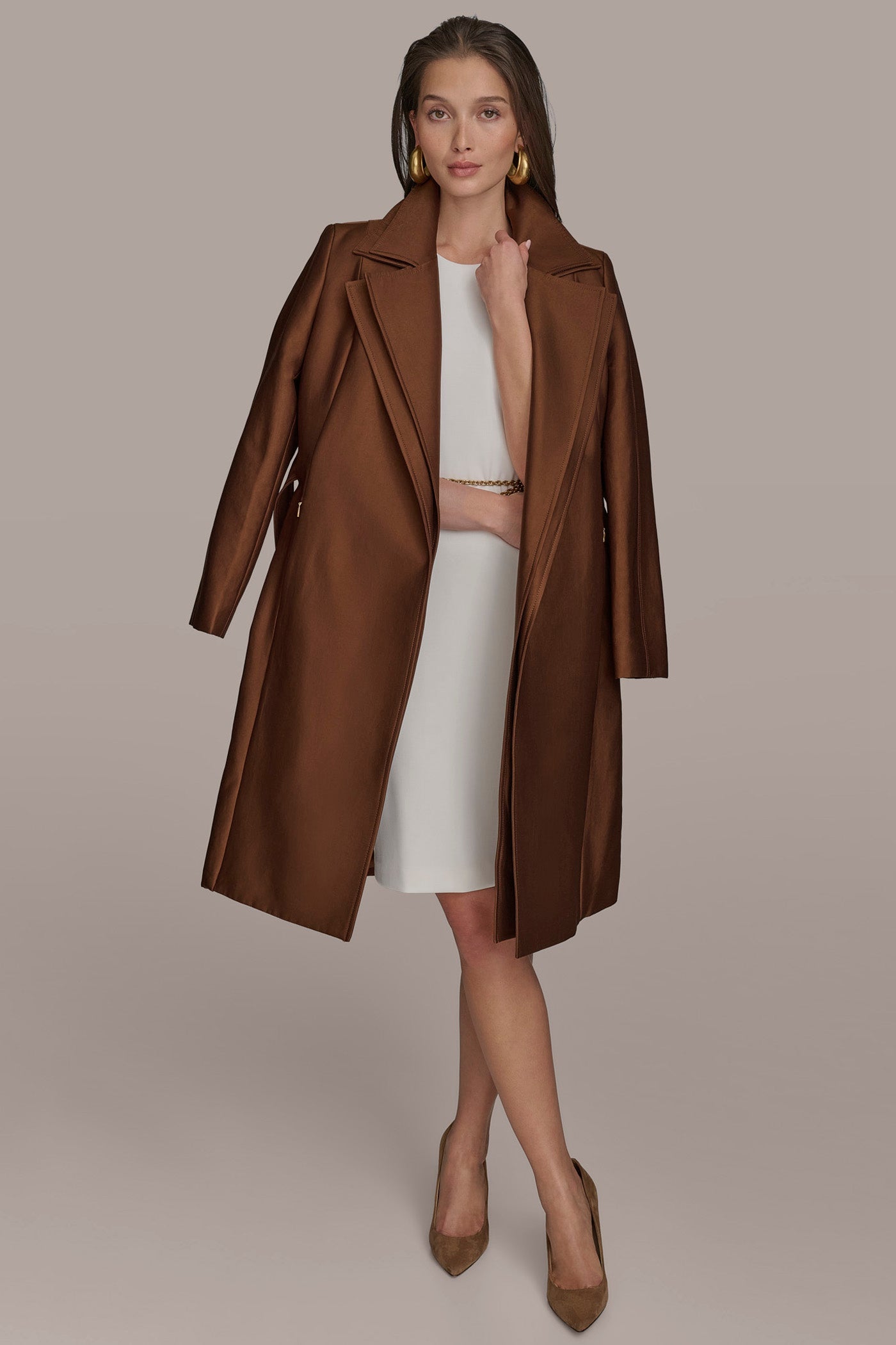 TOBACCO DOUBLE COLLAR SATIN TRENCH COAT Donna Karan