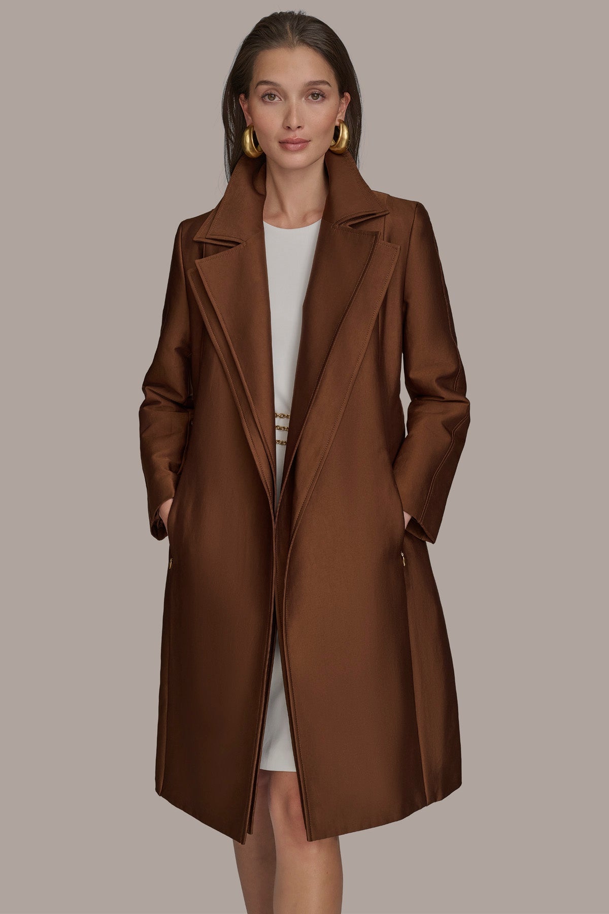 TOBACCO DOUBLE COLLAR SATIN TRENCH COAT Donna Karan