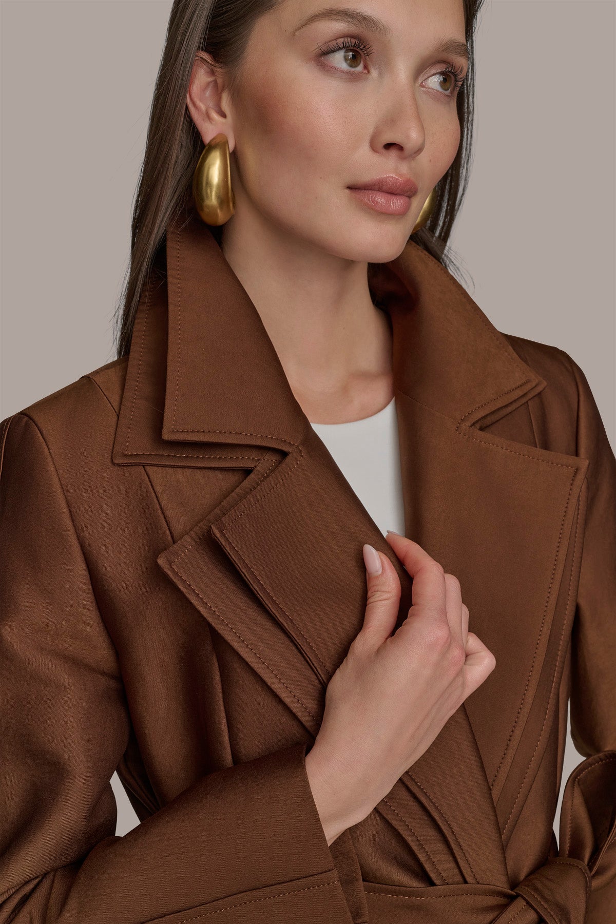 TOBACCO DOUBLE COLLAR SATIN TRENCH COAT Donna Karan