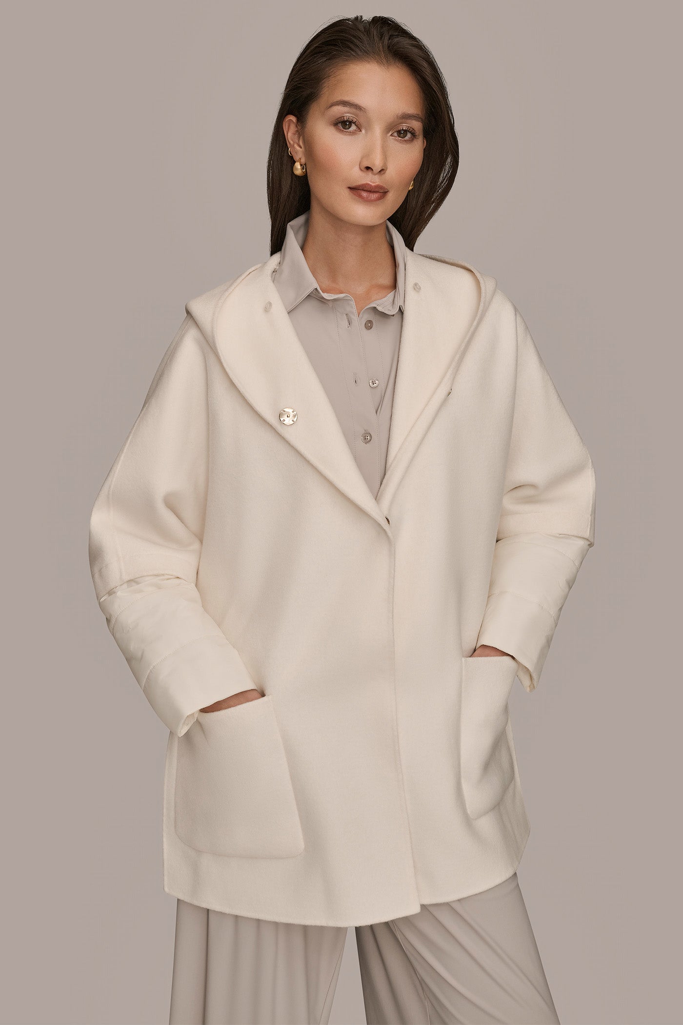 CREAM HOODED WOOL-BLEND CAPE COAT Donna Karan