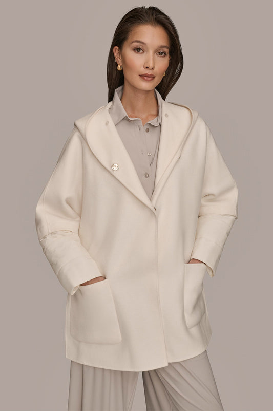 CREAM HOODED WOOL-BLEND CAPE COAT Donna Karan