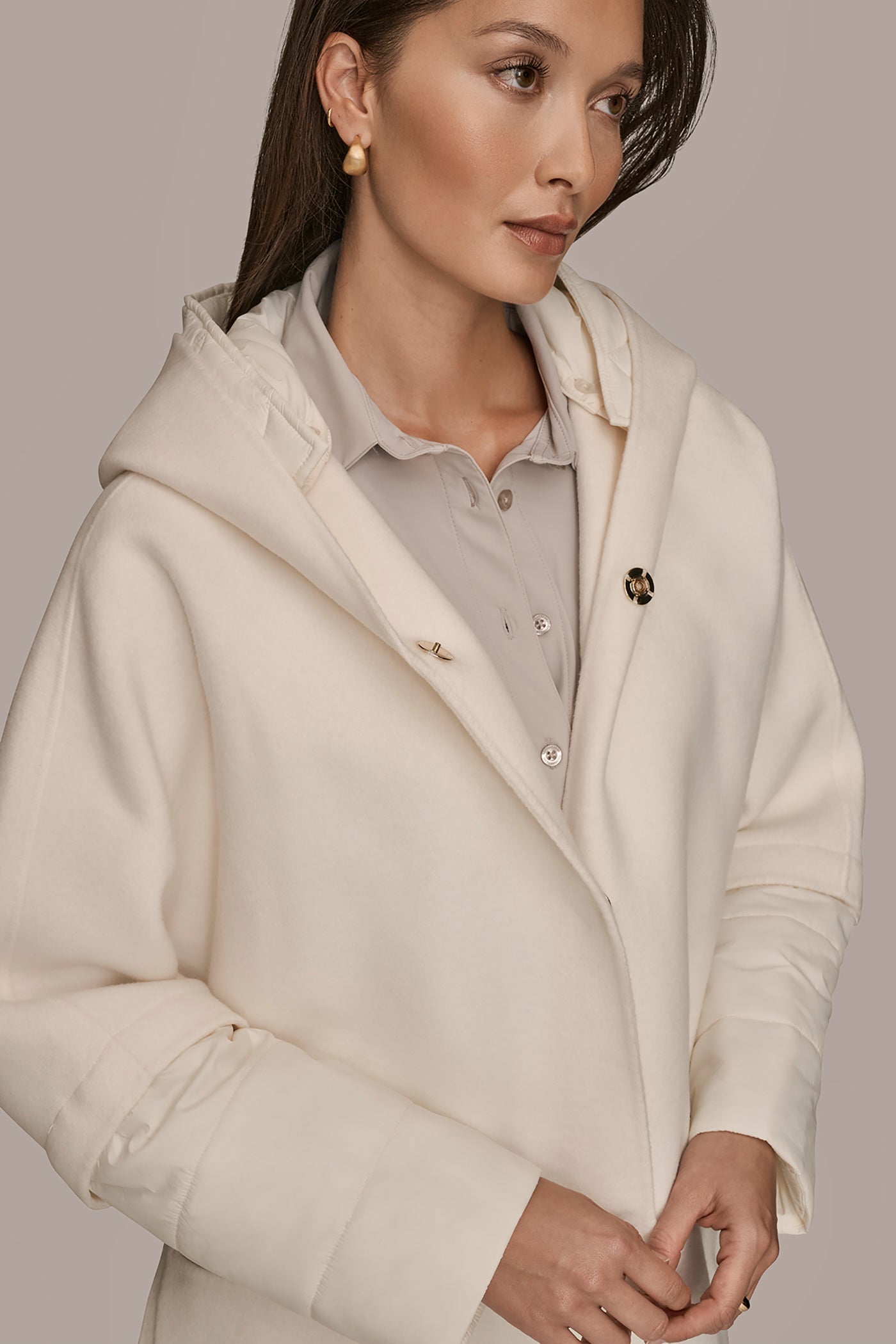 CREAM HOODED WOOL-BLEND CAPE COAT Donna Karan